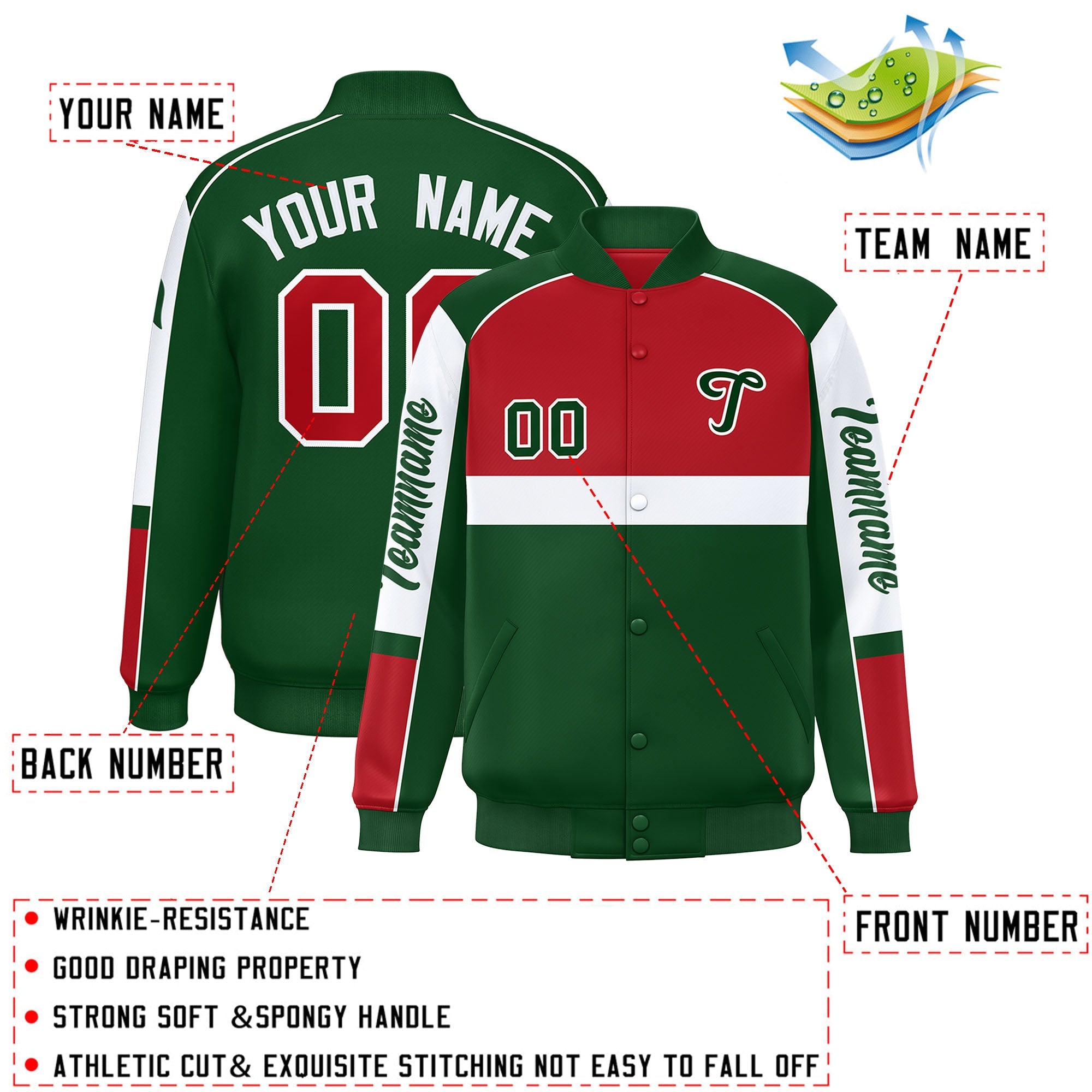 Custom Red Green Varsity Full-Snap Raglan Sleeves Letterman Jacket