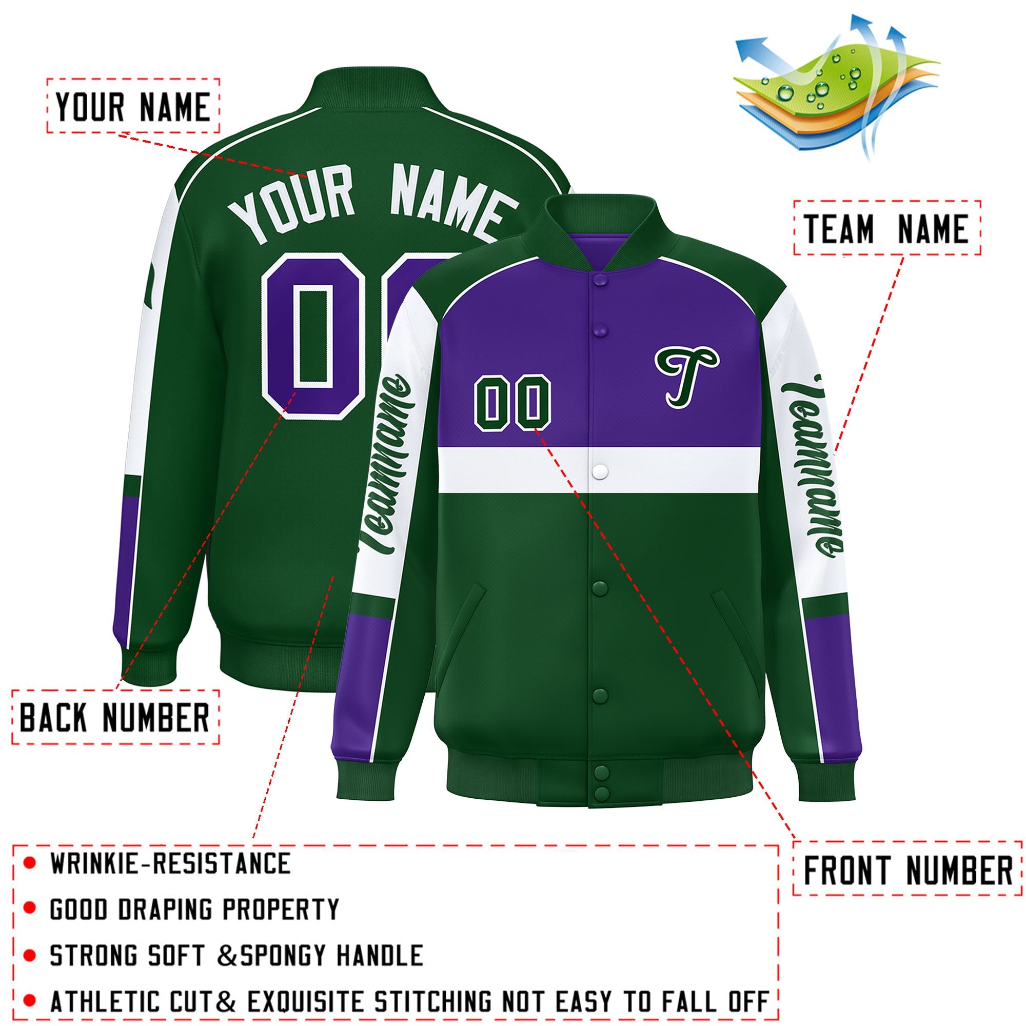 Custom Purple Green Varsity Full-Snap Raglan Sleeves Letterman Jacket