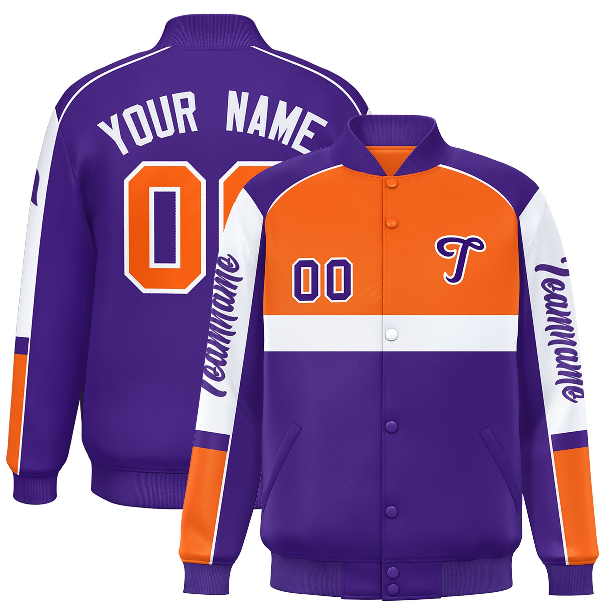 Custom Orange Purple Varsity Full-Snap Raglan Sleeves Letterman Jacket