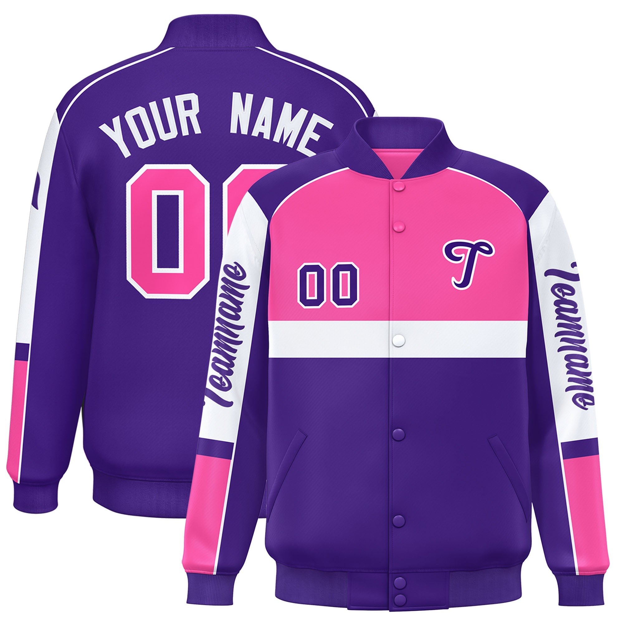 Custom Pink Purple Varsity Full-Snap Raglan Sleeves Letterman Jacket