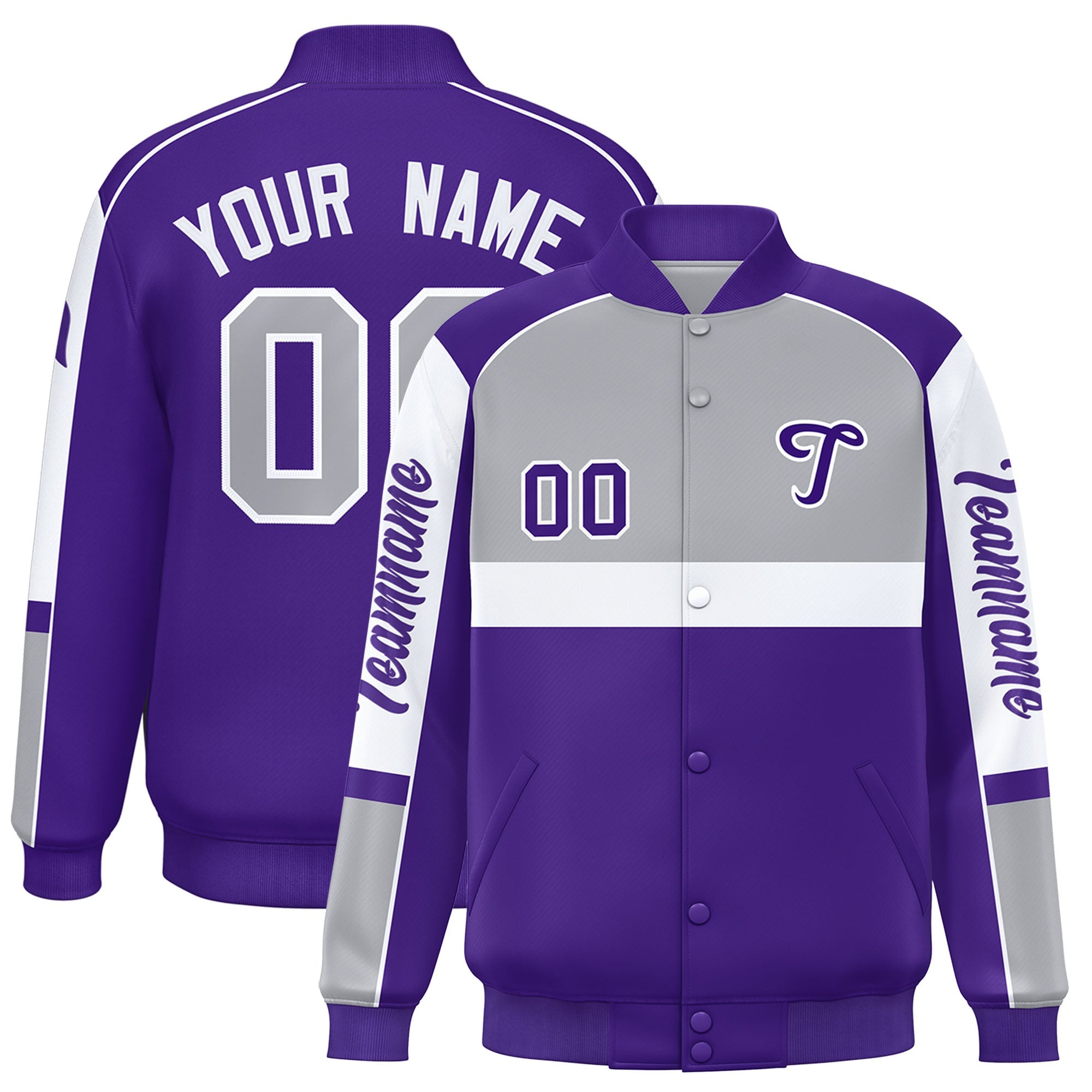 Custom Gray Purple Varsity Full-Snap Raglan Sleeves Letterman Jacket