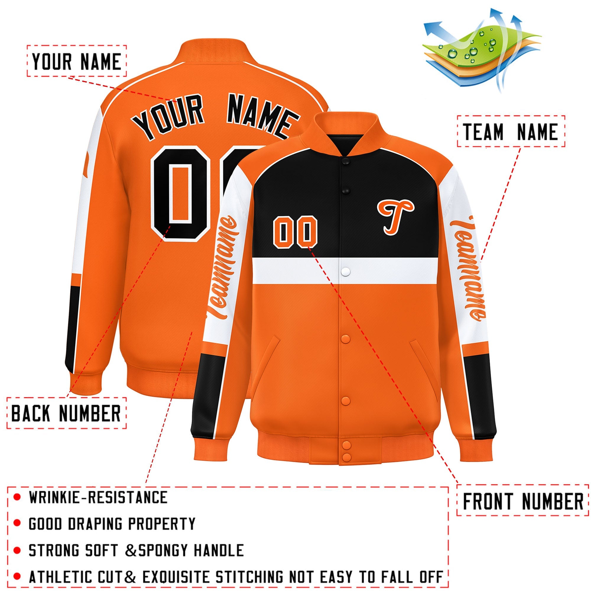 Custom Black Orange Varsity Full-Snap Raglan Sleeves Letterman Jacket