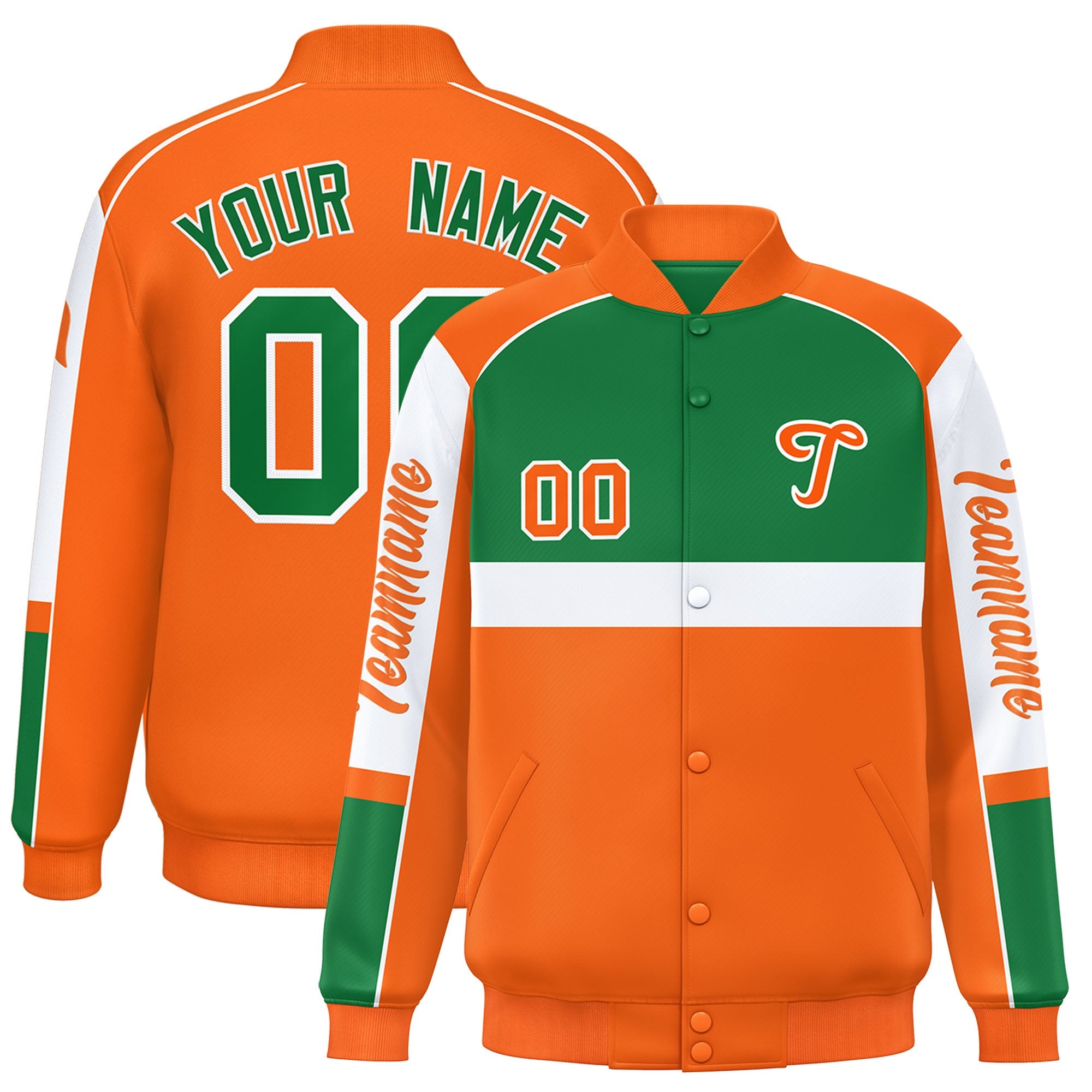 Custom Kelly Green Orange Varsity Full-Snap Raglan Sleeves Letterman Jacket