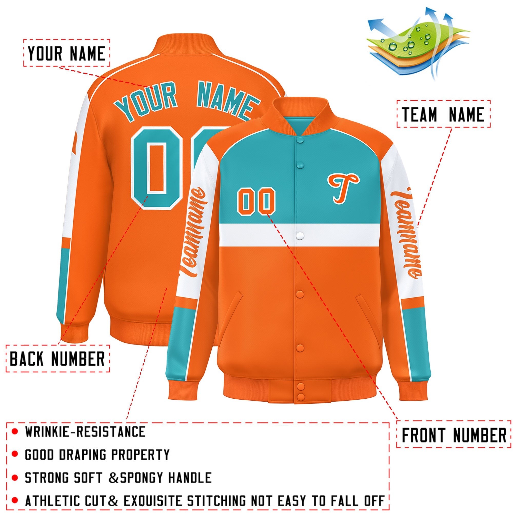 Custom Aqua Orange Varsity Full-Snap Raglan Sleeves Letterman Jacket