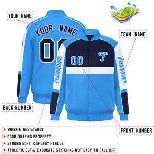 Custom Navy Powder Blue Varsity Full-Snap Raglan Sleeves Letterman Jacket