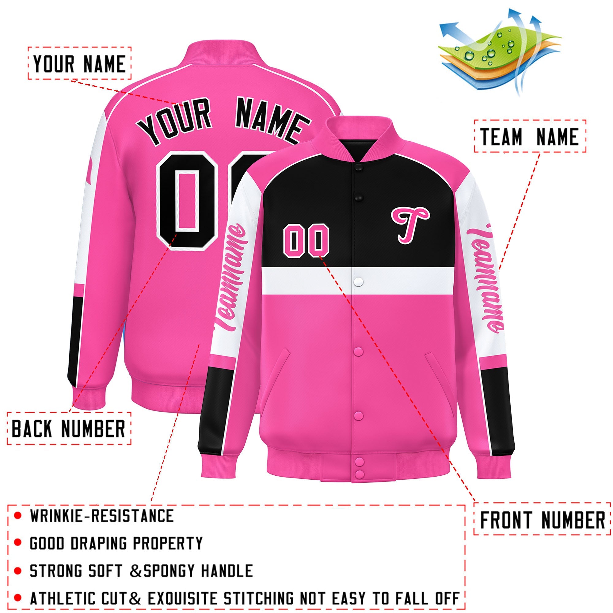 Custom Black Pink Varsity Full-Snap Raglan Sleeves Letterman Jacket