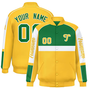 Custom Kelly Green Yellow Varsity Full-Snap Raglan Sleeves Letterman Jacket