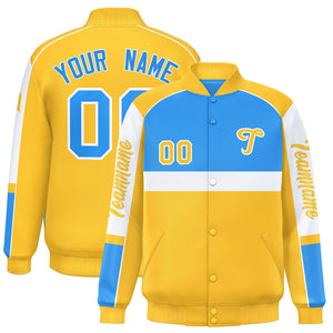 Custom Powder Blue Yellow Varsity Full-Snap Raglan Sleeves Letterman Jacket