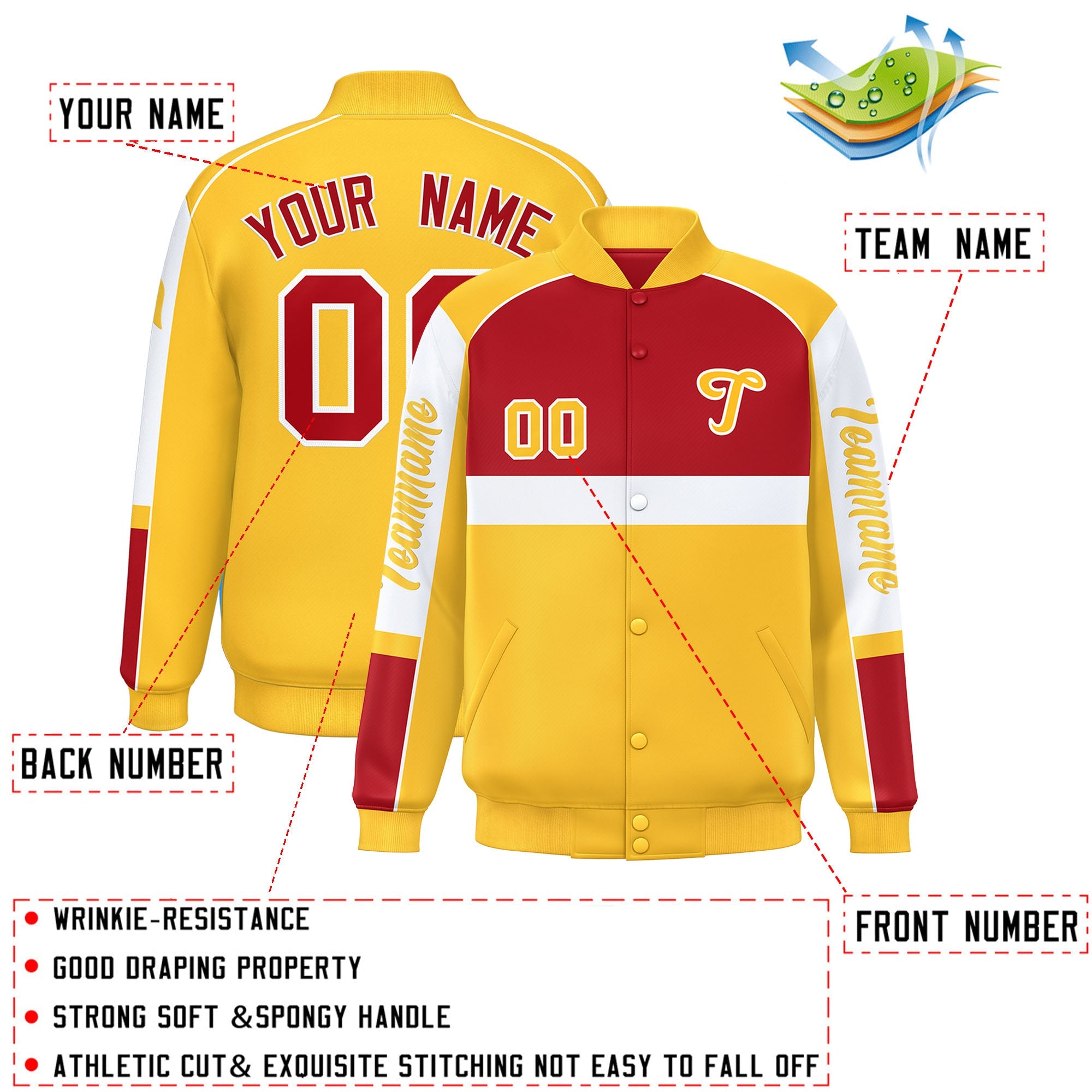 Custom Red Yellow Varsity Full-Snap Raglan Sleeves Letterman Jacket