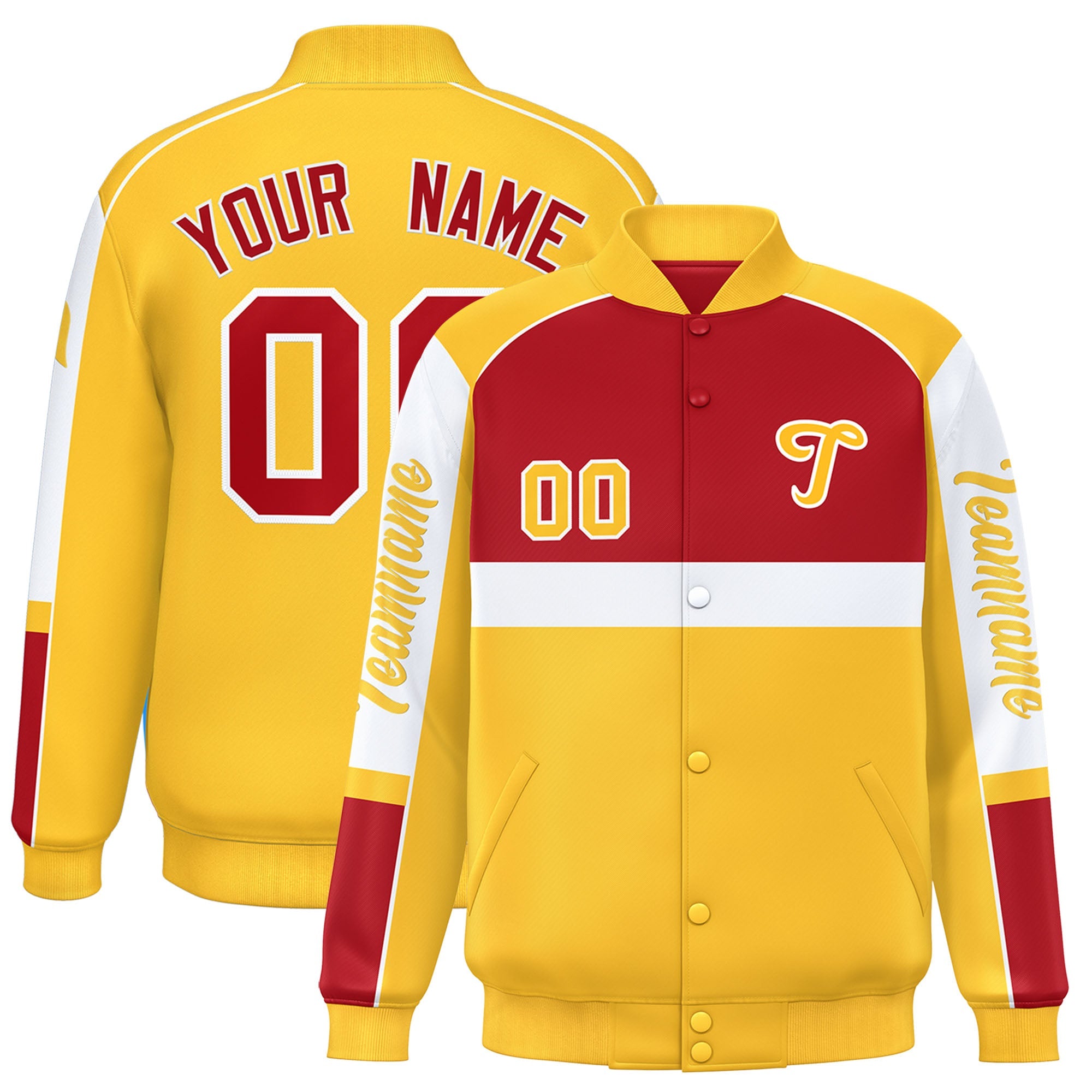 Custom Red Yellow Varsity Full-Snap Raglan Sleeves Letterman Jacket