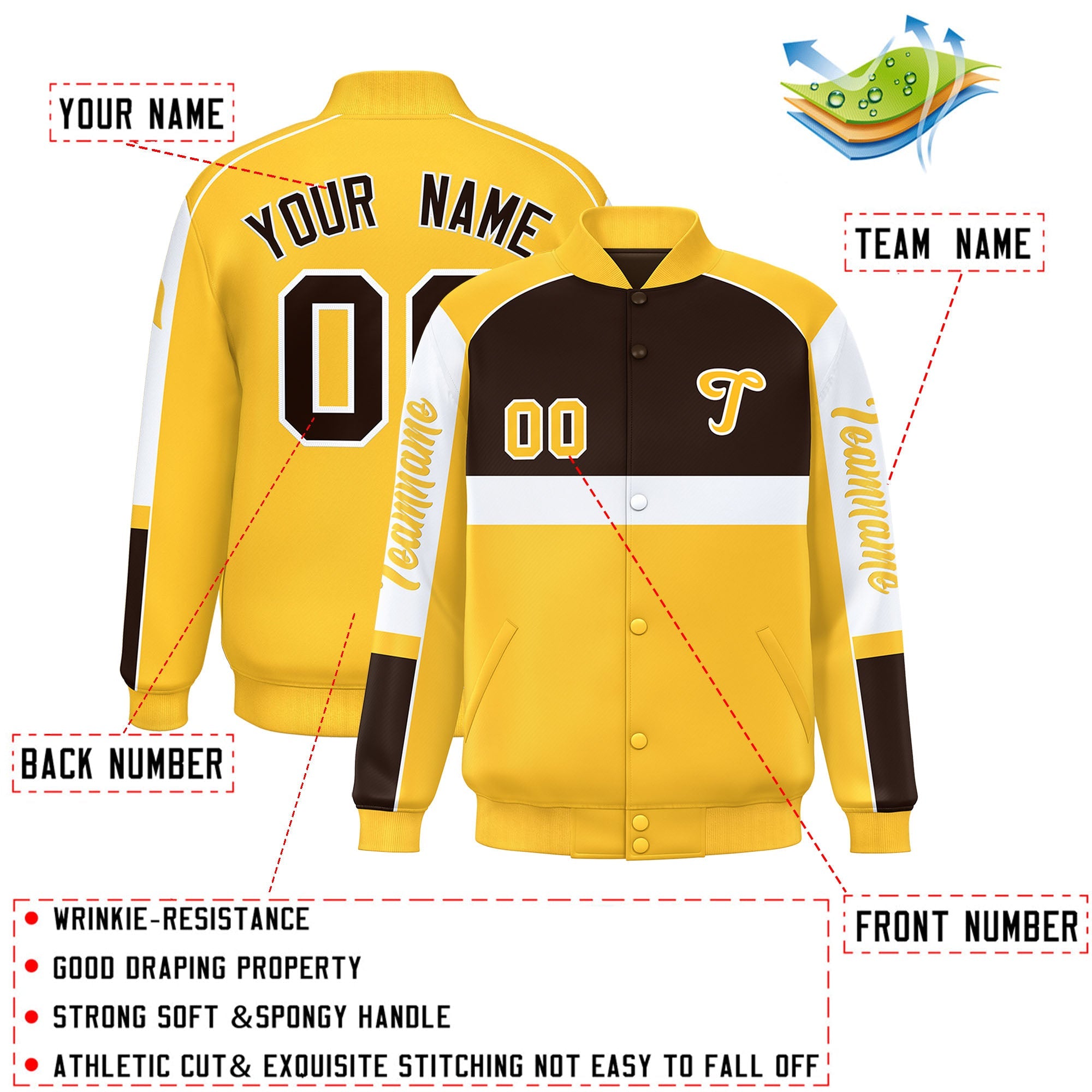 Custom Brown Yellow Varsity Full-Snap Raglan Sleeves Letterman Jacket