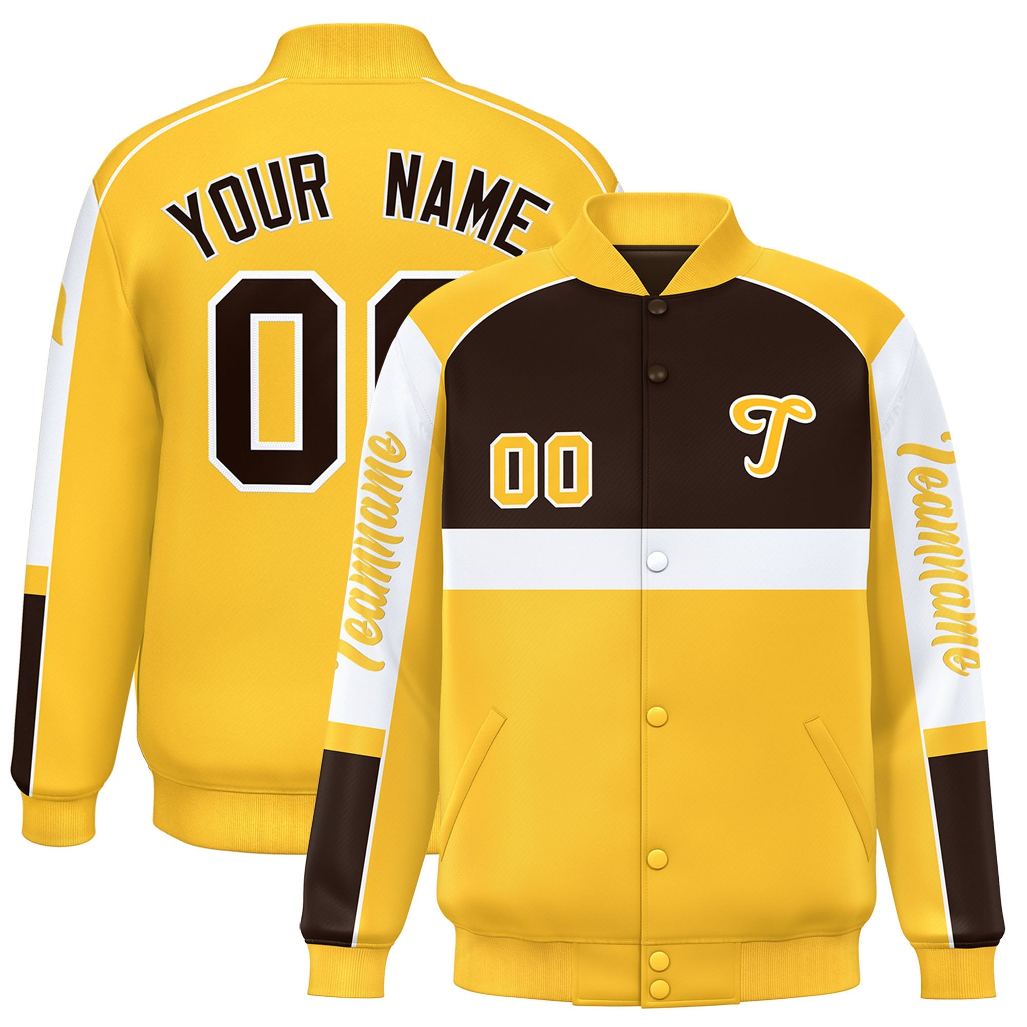 Custom Brown Yellow Varsity Full-Snap Raglan Sleeves Letterman Jacket