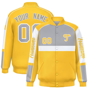 Custom Gray Yellow Varsity Full-Snap Raglan Sleeves Letterman Jacket