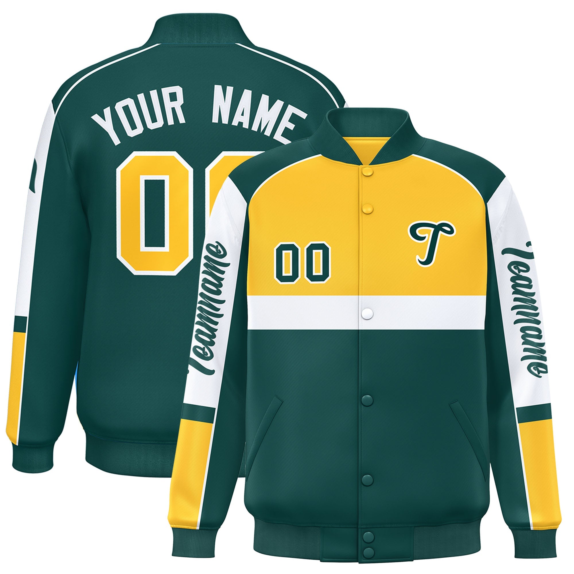 Custom Yellow Midnight Green Varsity Full-Snap Raglan Sleeves Letterman Jacket