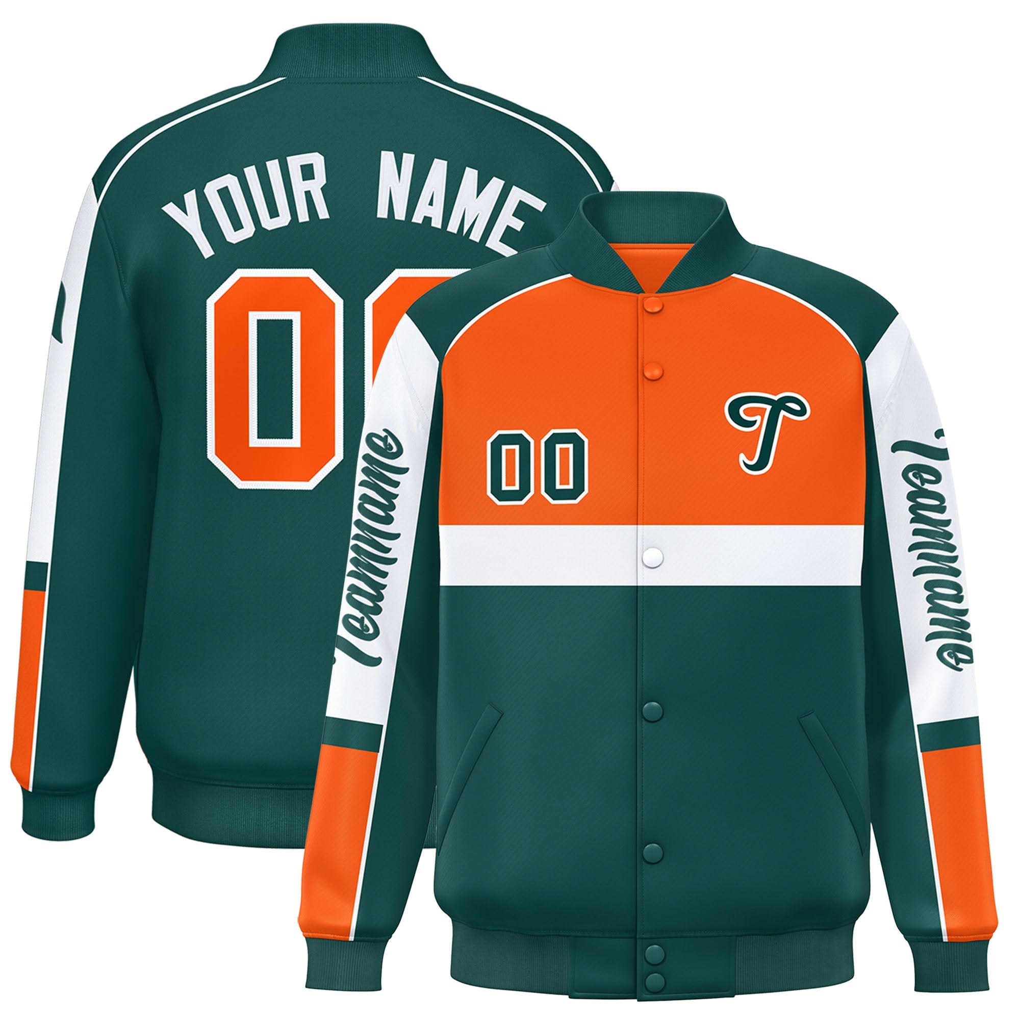 Custom Orange Midnight Green Varsity Full-Snap Raglan Sleeves Letterman Jacket