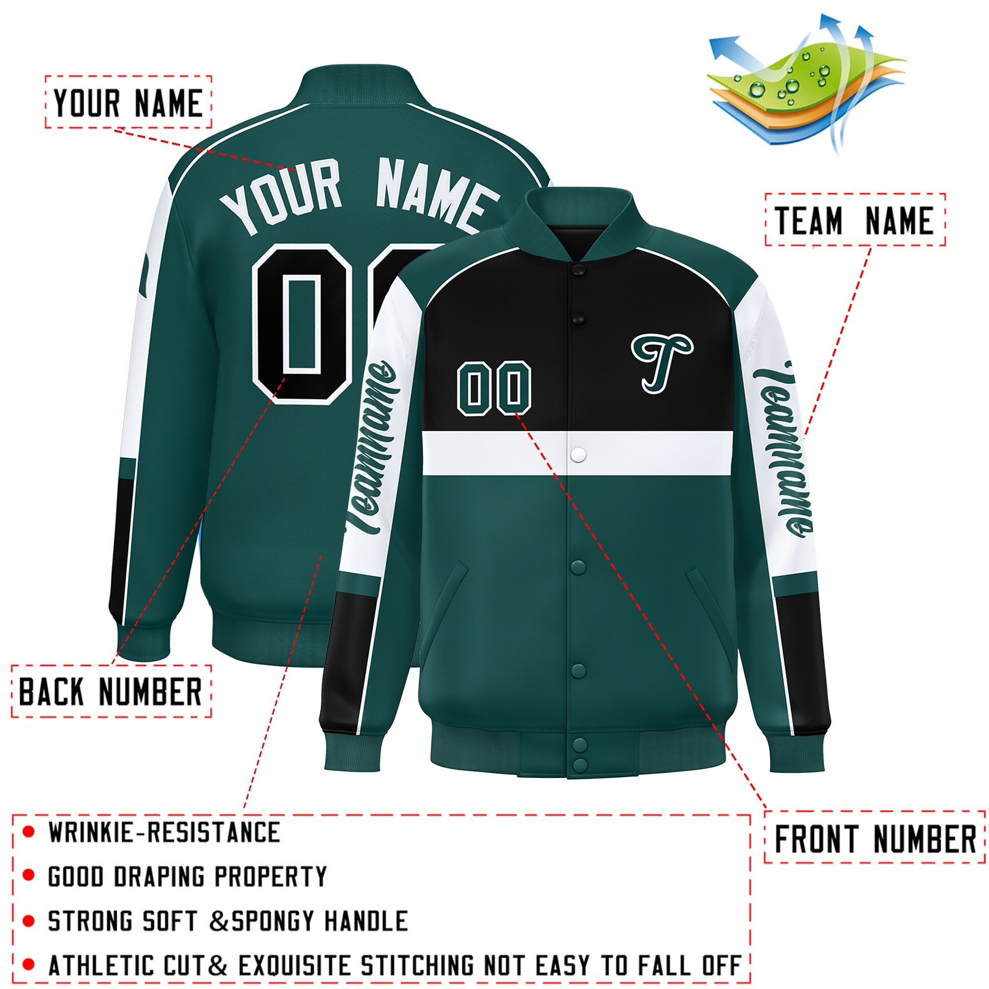 Custom Black Midnight Green Varsity Full-Snap Raglan Sleeves Letterman Jacket