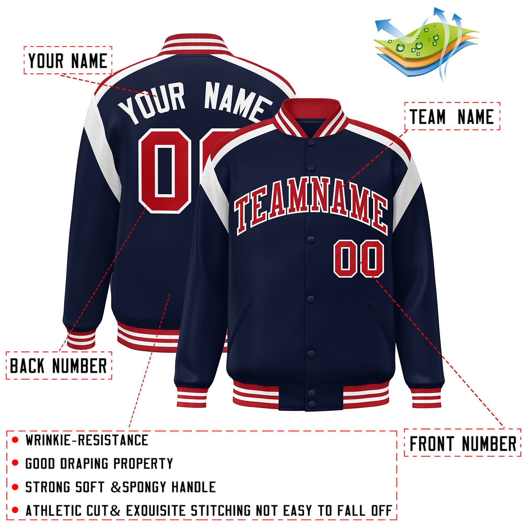 Custom Navy Varsity Full-Snap Color Block Letterman Jacket