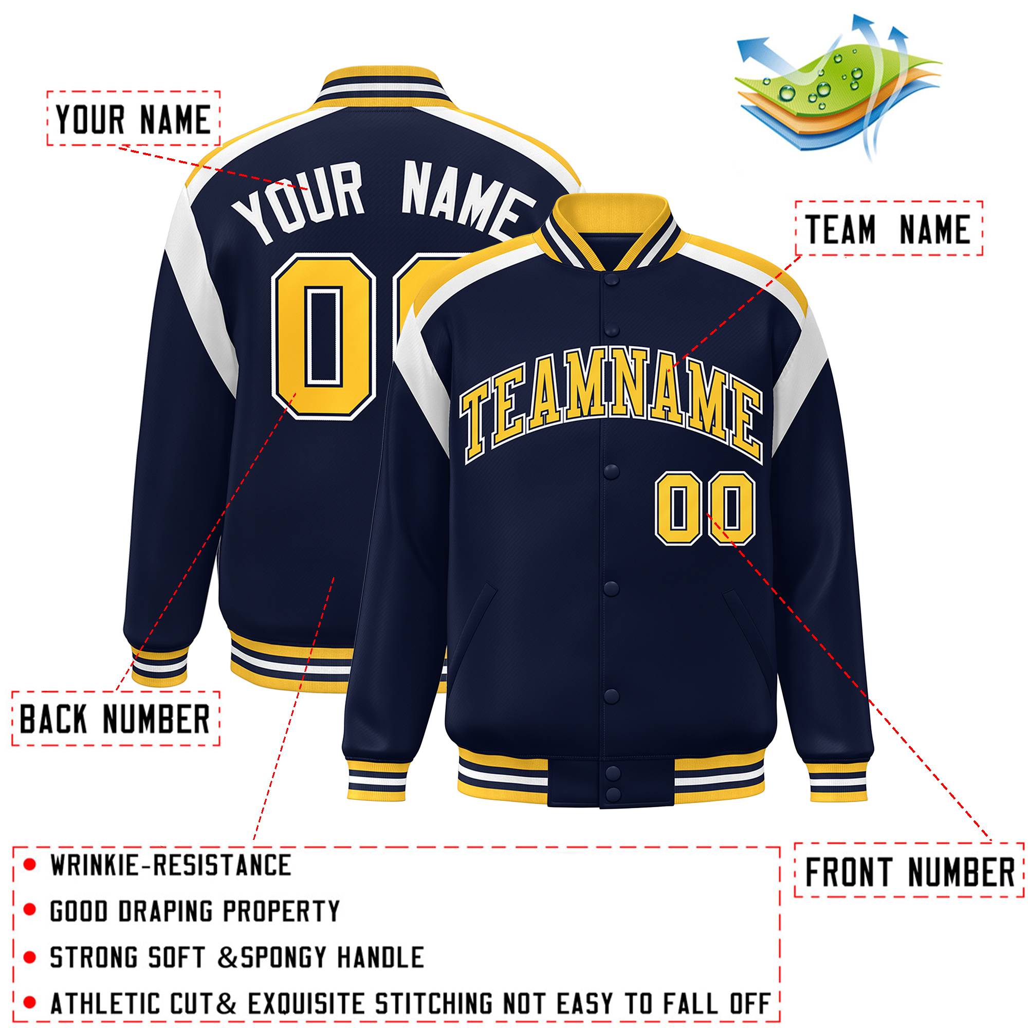 Custom Navy Varsity Full-Snap Color Block Letterman Jacket