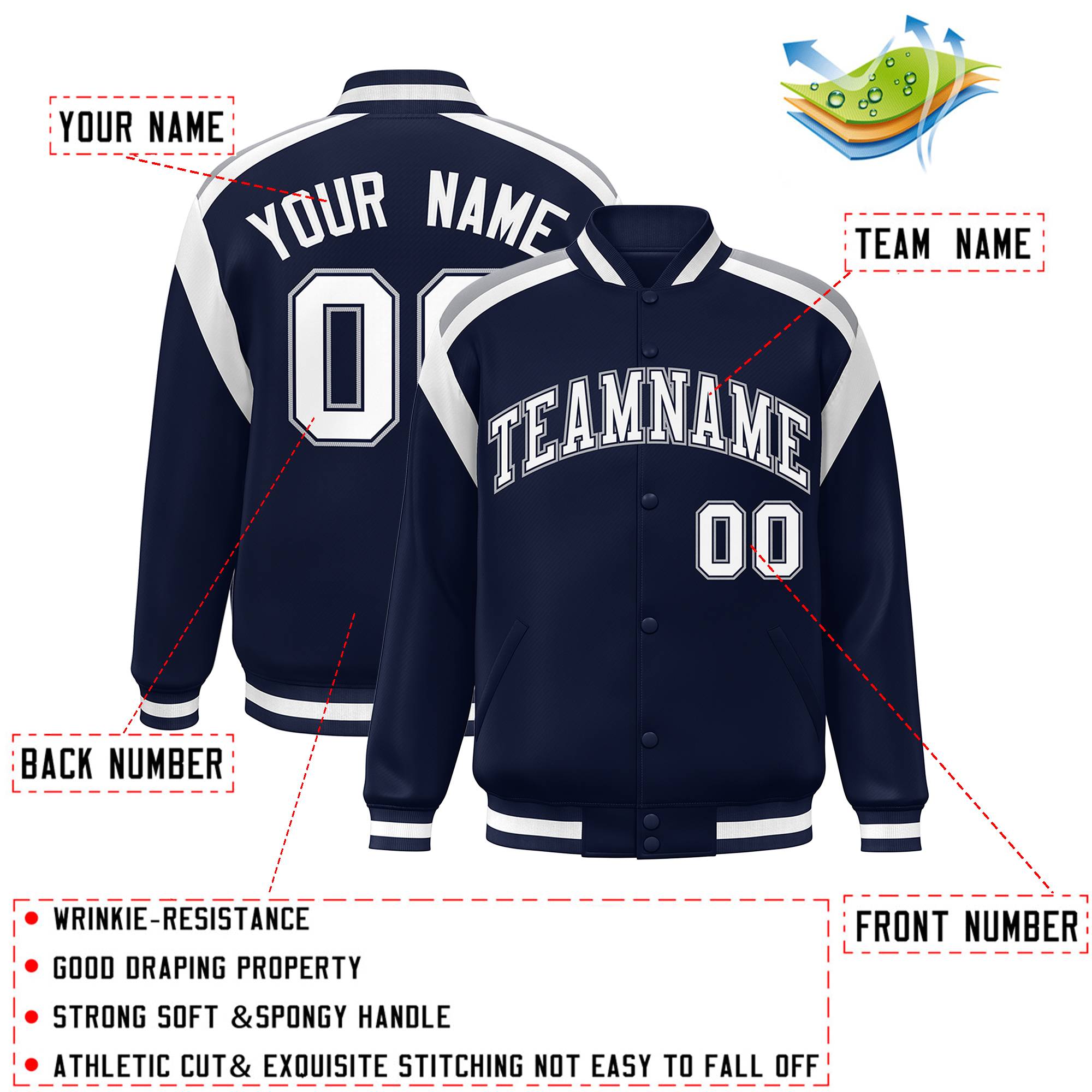 Custom Navy Varsity Full-Snap Color Block Letterman Jacket