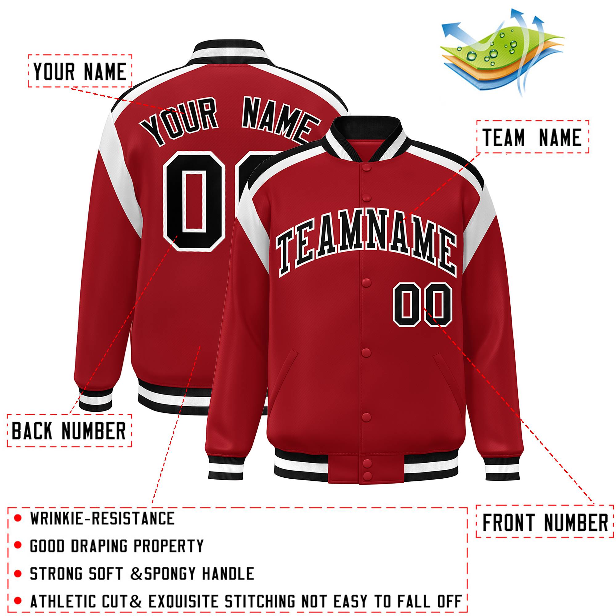 Custom Red Varsity Full-Snap Color Block Letterman Jacket