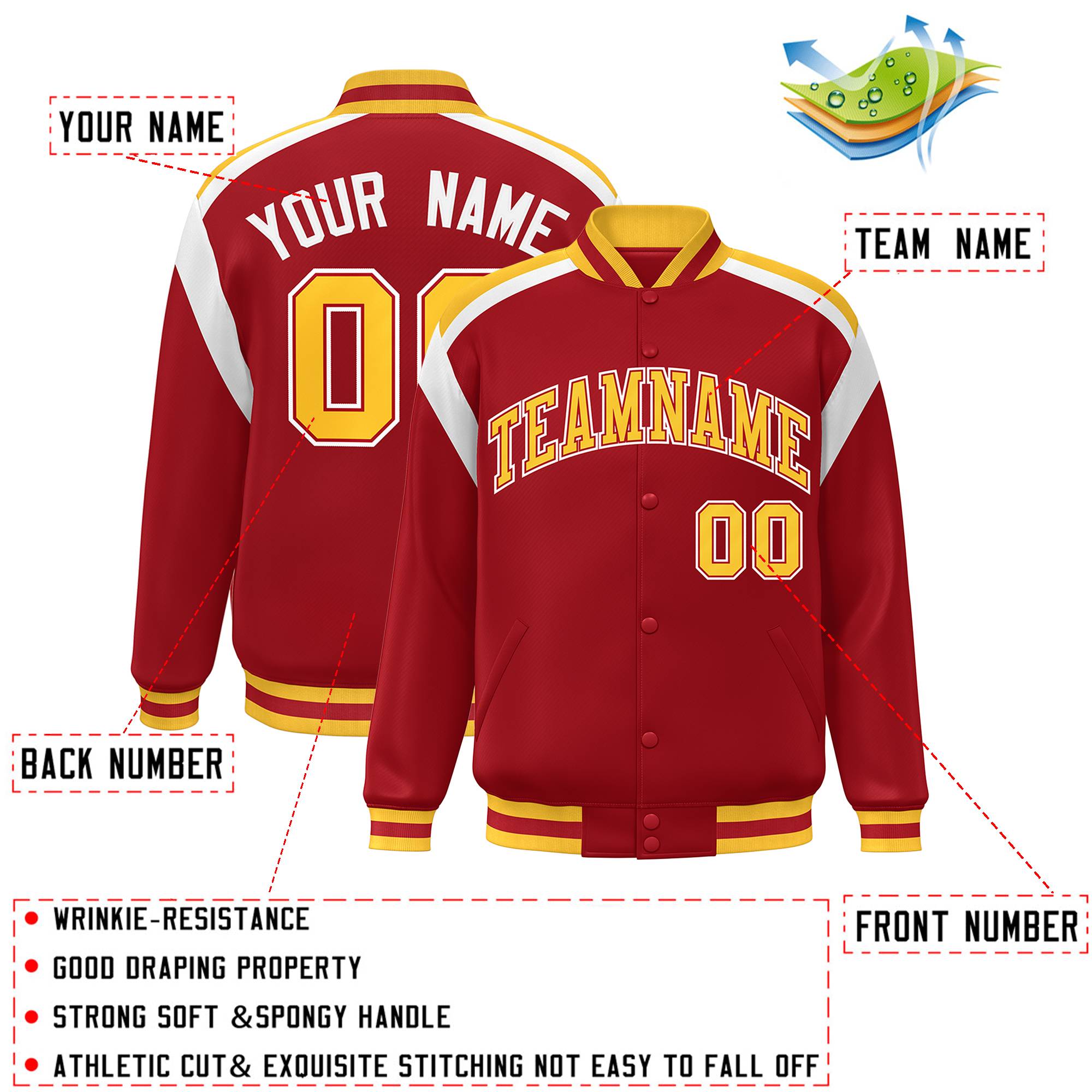 Custom Red Varsity Full-Snap Color Block Letterman Jacket