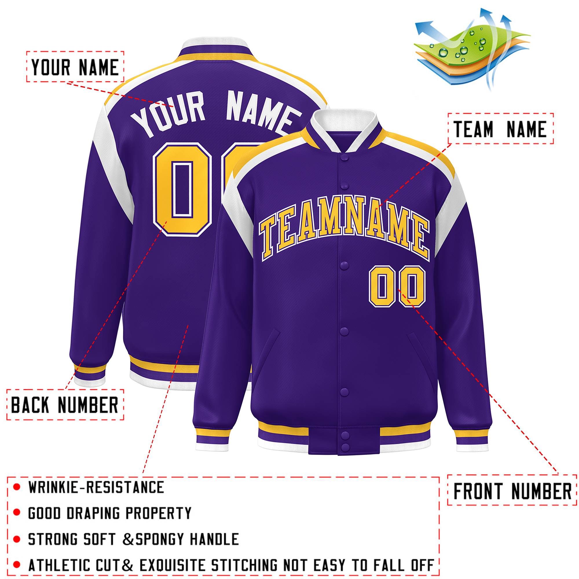 Custom Purple Varsity Full-Snap Color Block Letterman Jacket