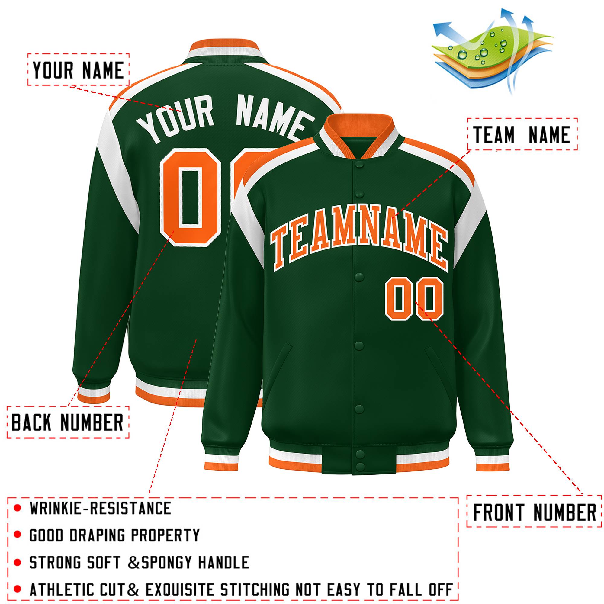 Custom Green Varsity Full-Snap Color Block Letterman Jacket