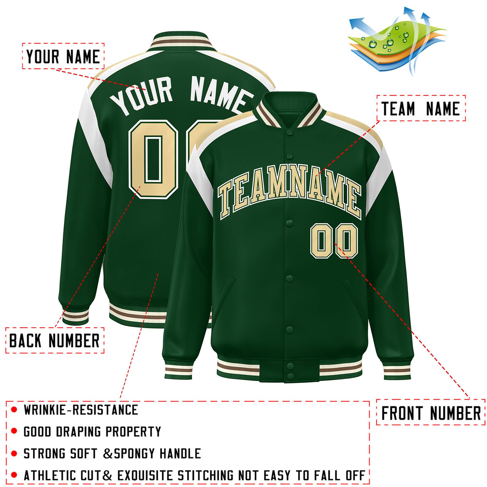 Custom Green Varsity Full-Snap Color Block Letterman Jacket