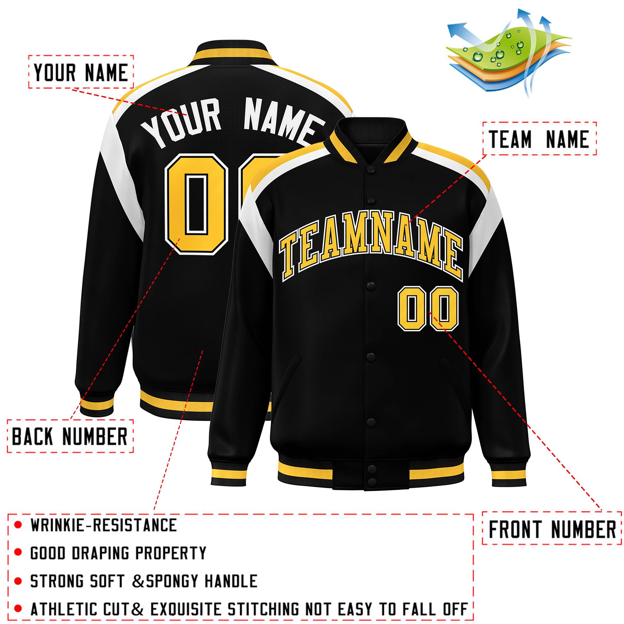 Custom Black Varsity Full-Snap Color Block Letterman Jacket