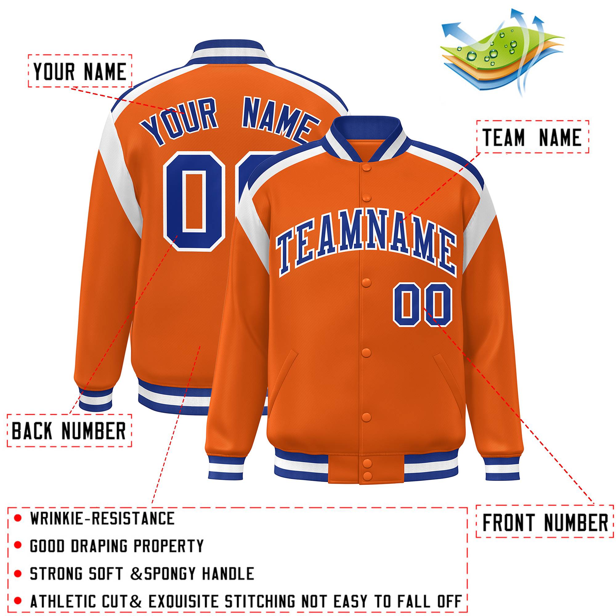 Custom Orange Varsity Full-Snap Color Block Letterman Jacket