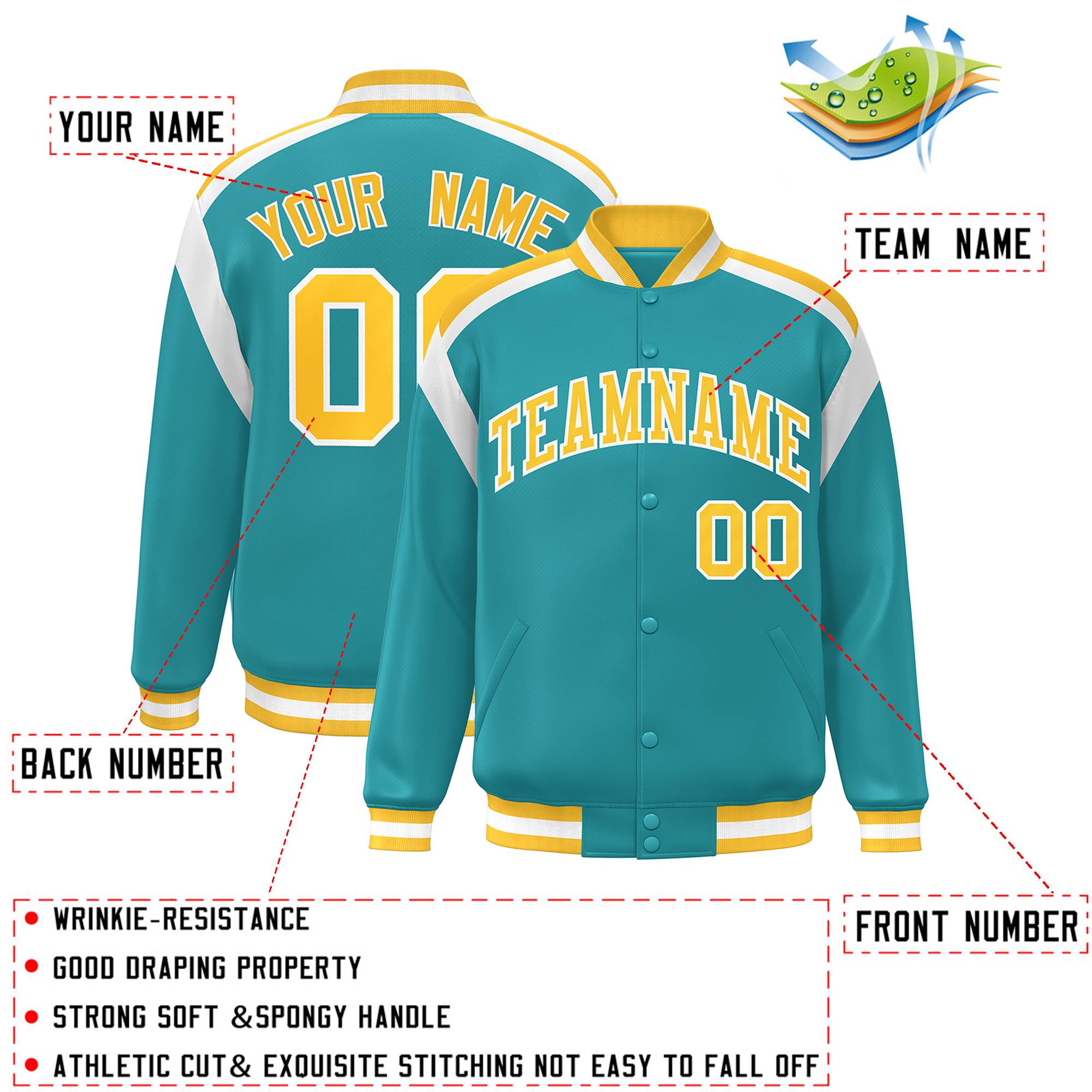 Custom Aqua Varsity Full-Snap Color Block Letterman Jacket