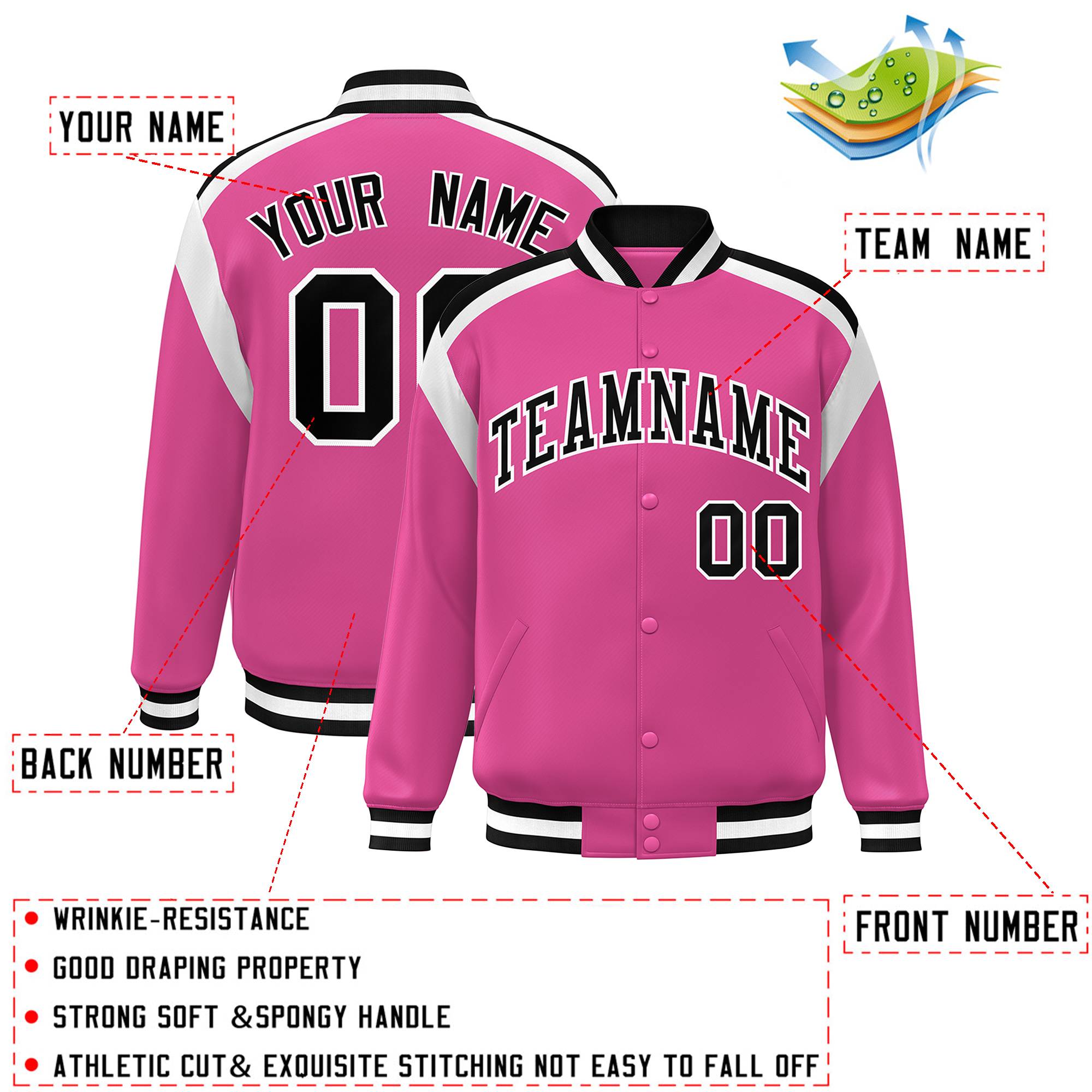 Custom Pink Varsity Full-Snap Color Block Letterman Jacket