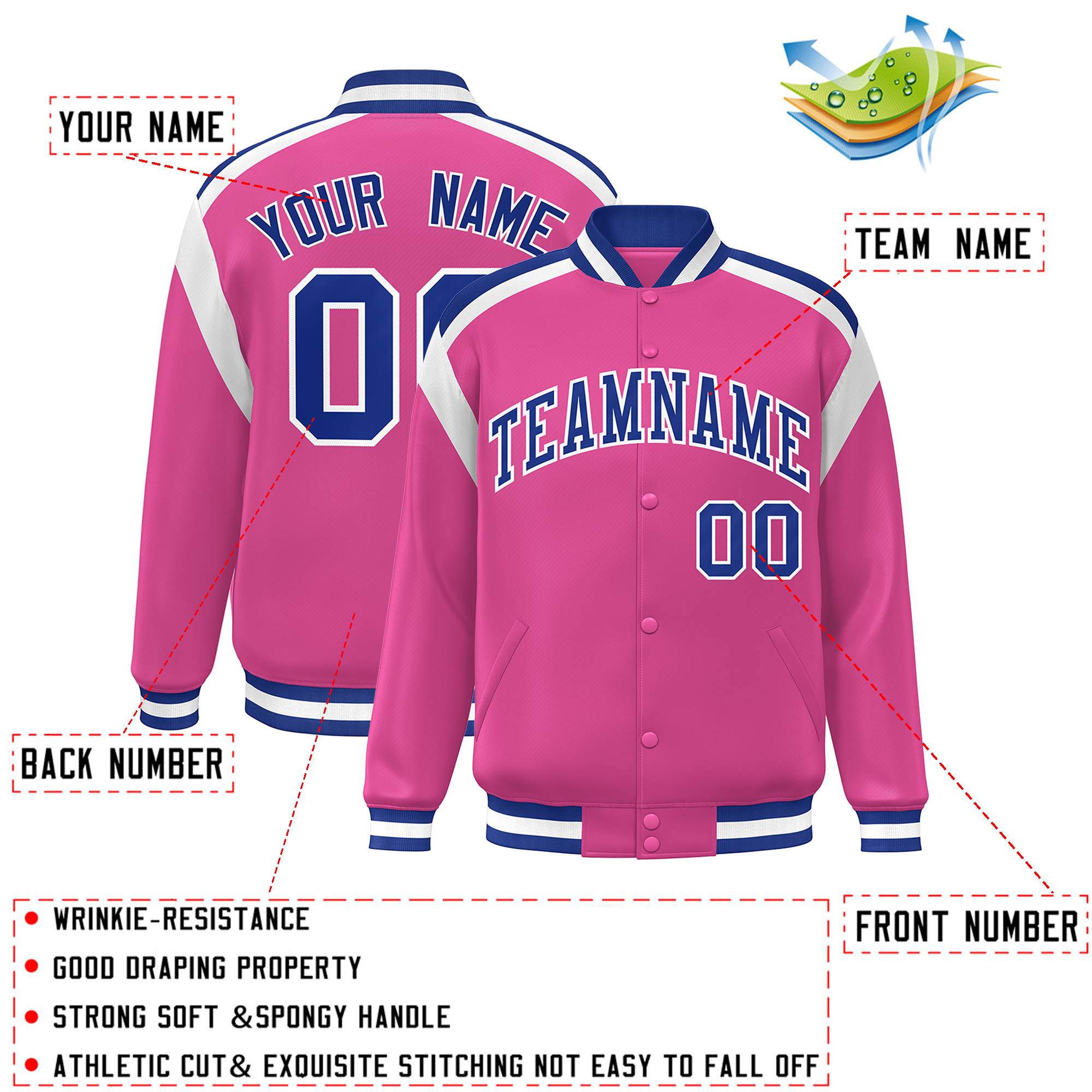 Custom Pink Varsity Full-Snap Color Block Letterman Jacket