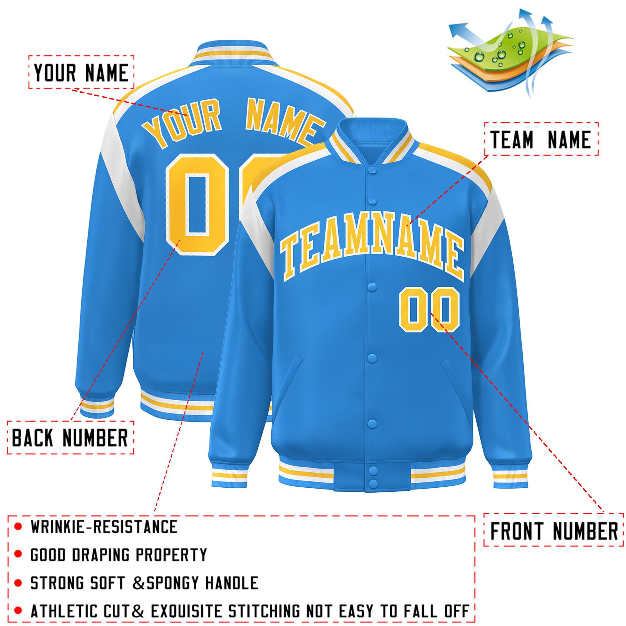 Custom Powder Blue Varsity Full-Snap Color Block Letterman Jacket