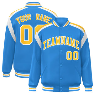 Custom Powder Blue Varsity Full-Snap Color Block Letterman Jacket