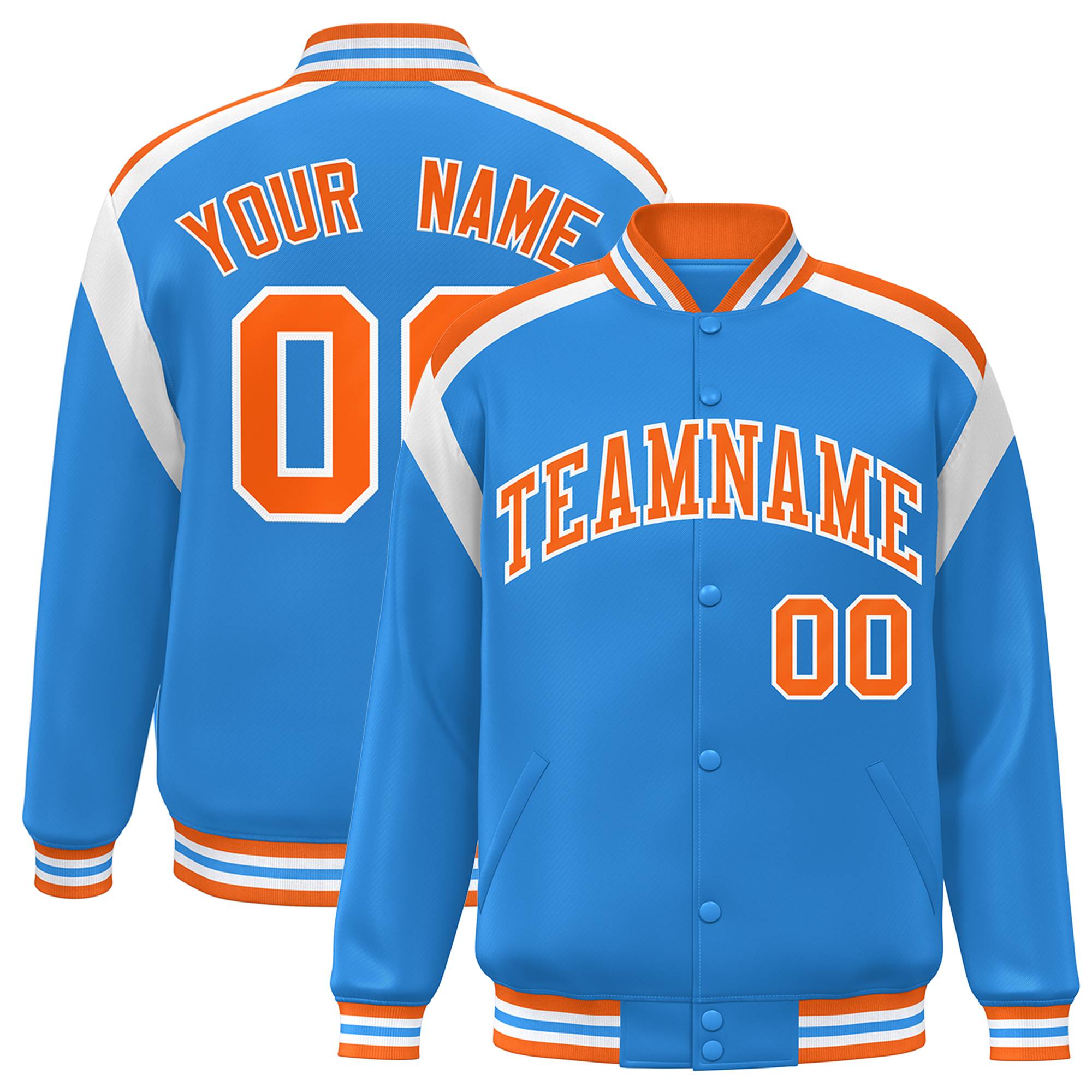 Custom Powder Blue Varsity Full-Snap Color Block Letterman Jacket