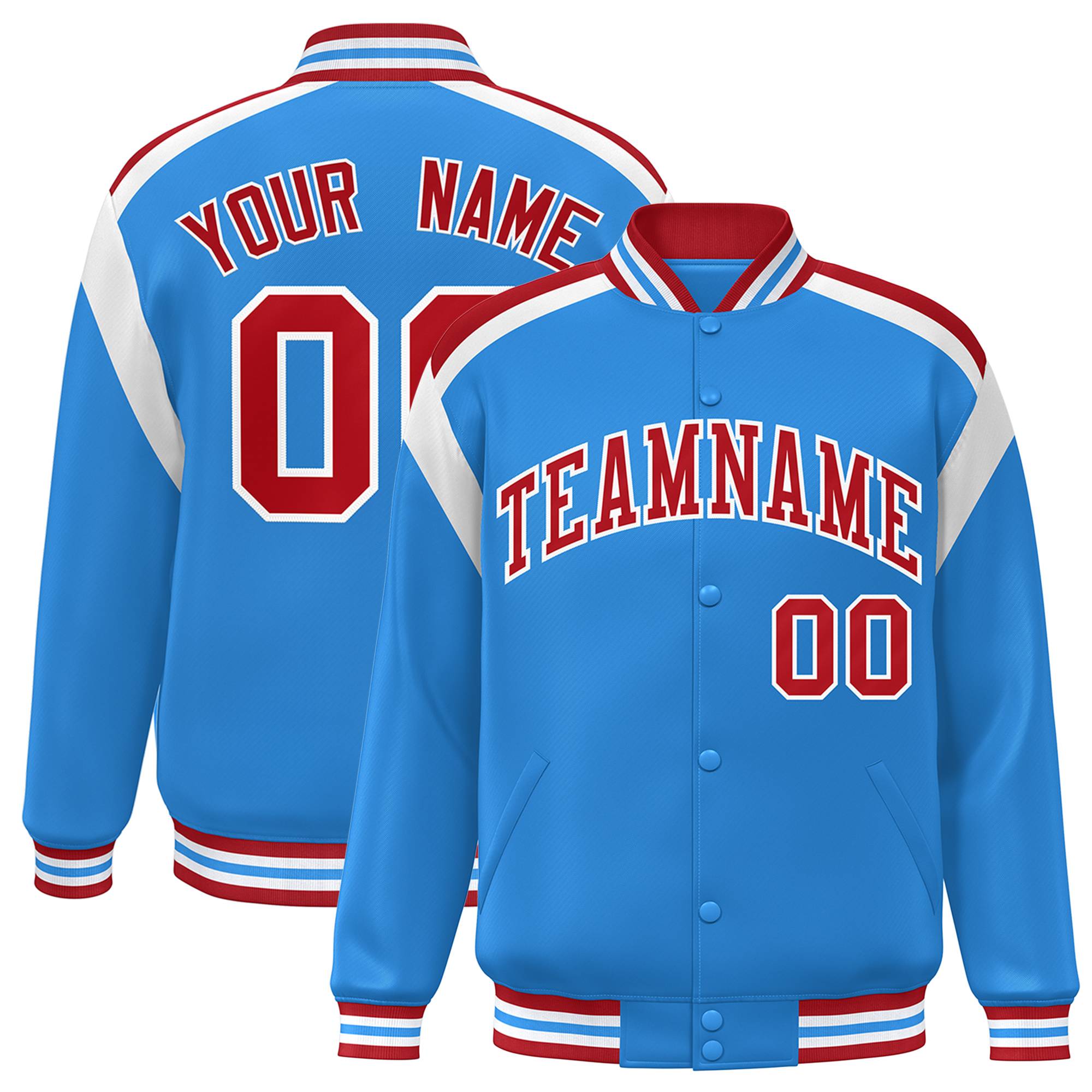 Custom Powder Blue Varsity Full-Snap Color Block Letterman Jacket