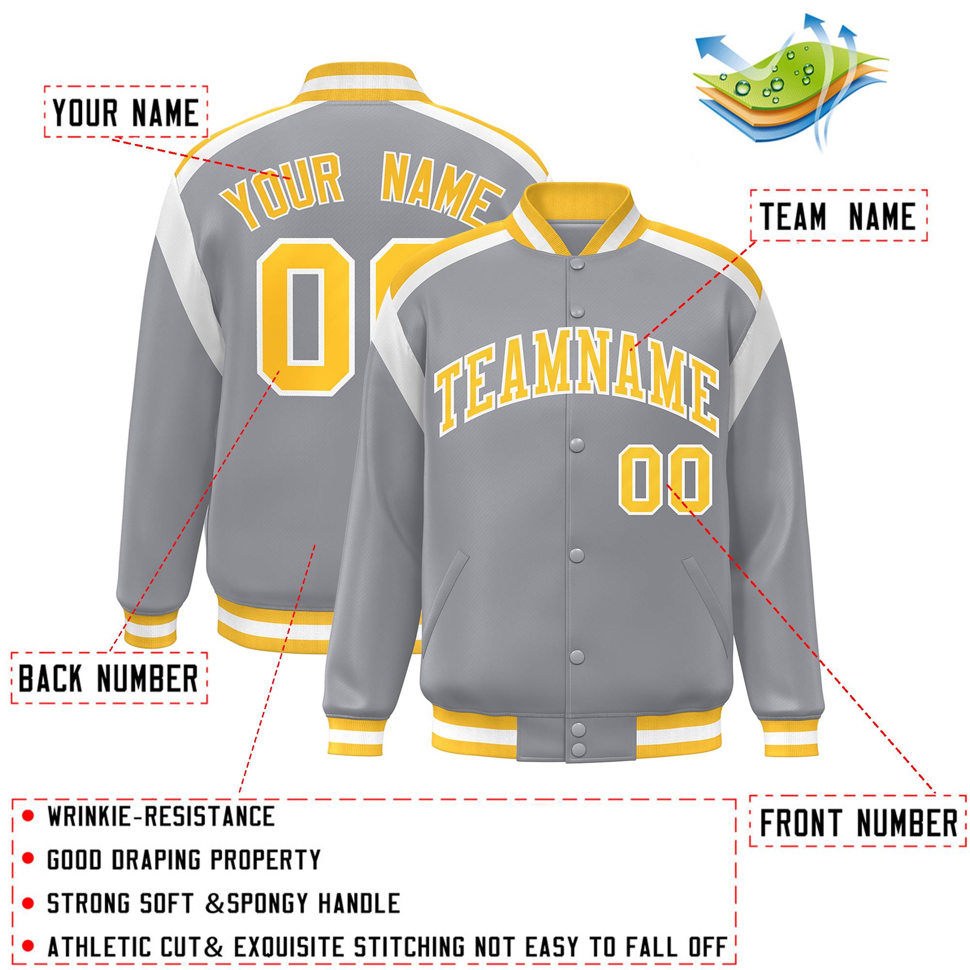 Custom Gray Varsity Full-Snap Color Block Letterman Jacket