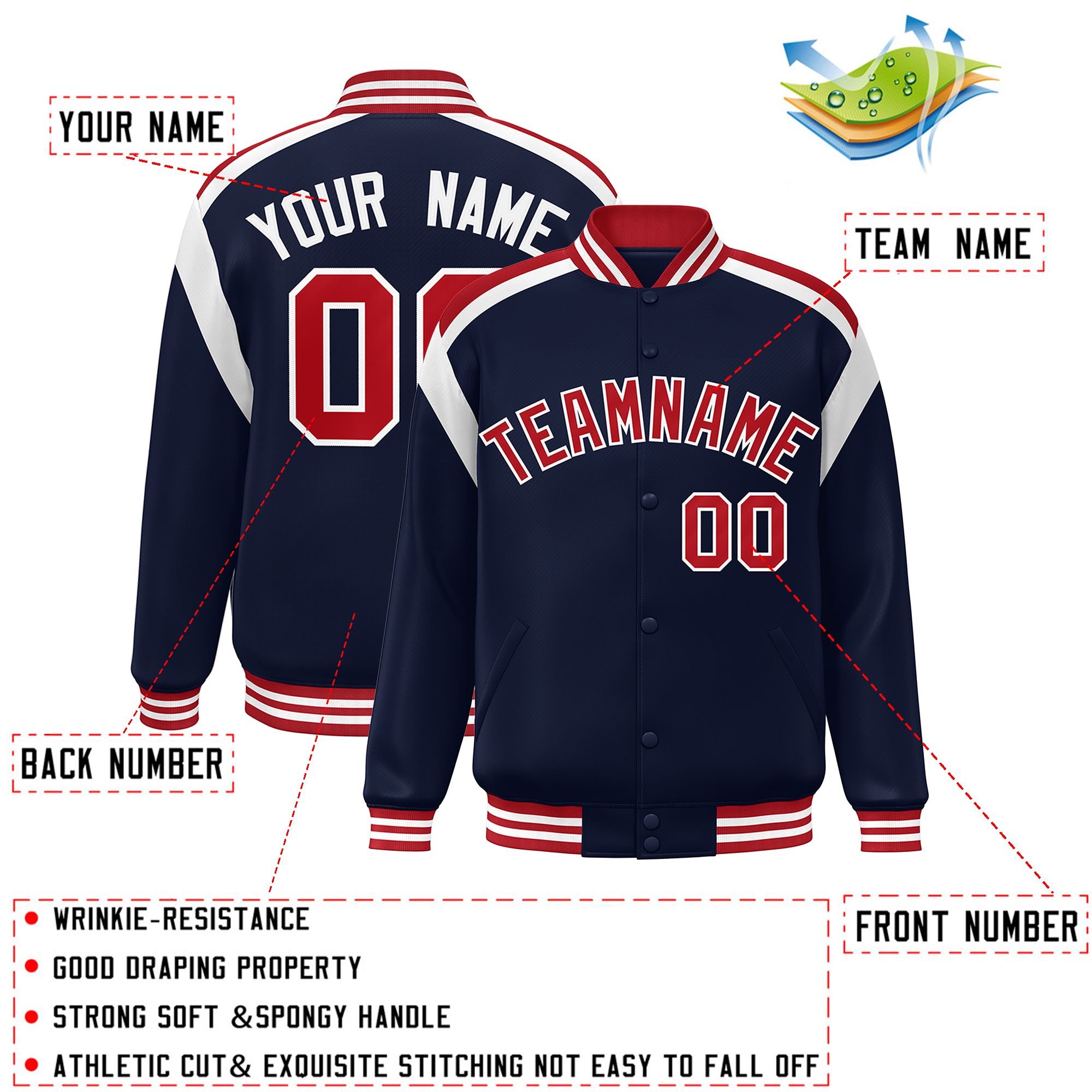 Custom Navy Varsity Full-Snap Color Block Letterman Jacket