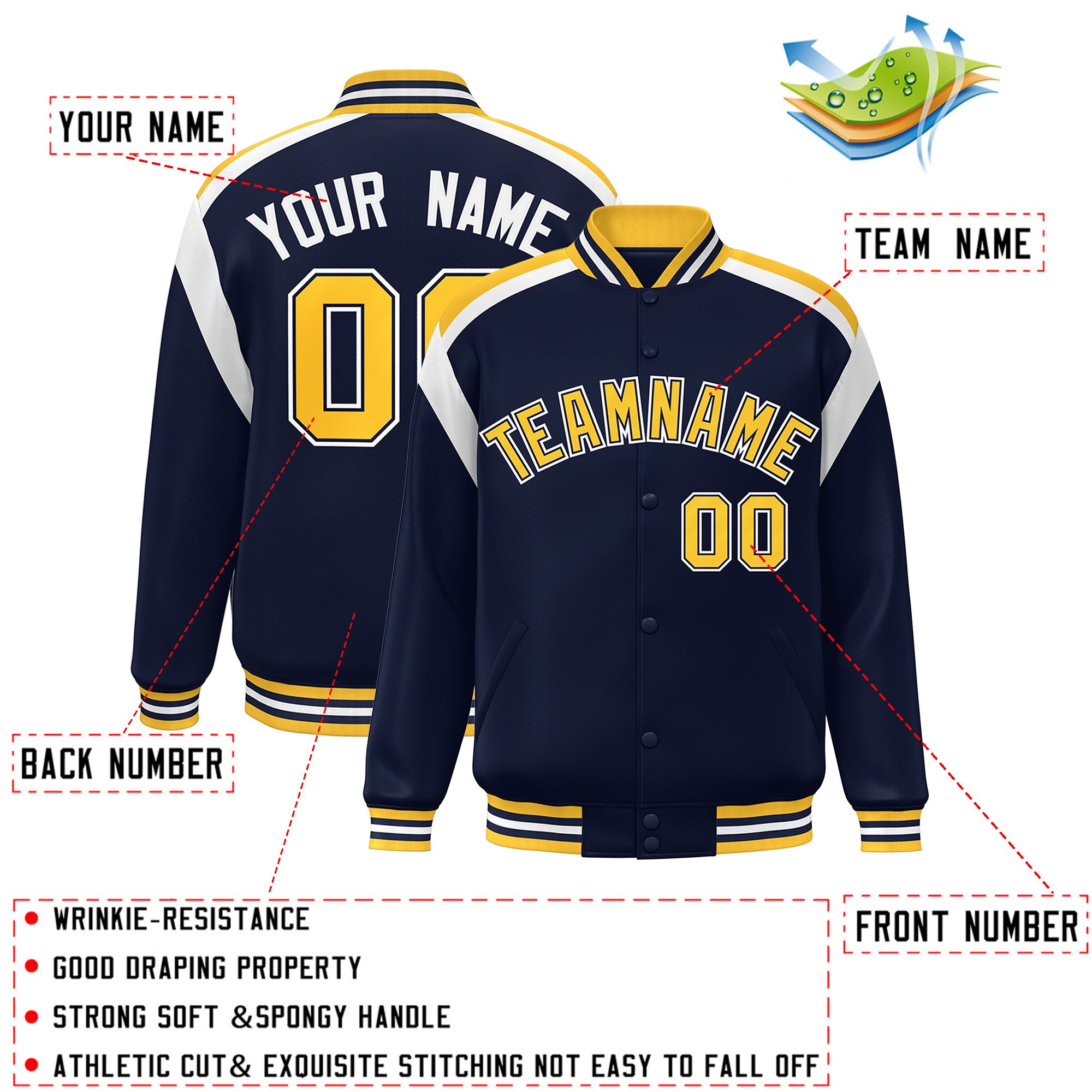 Custom Navy Varsity Full-Snap Color Block Letterman Jacket