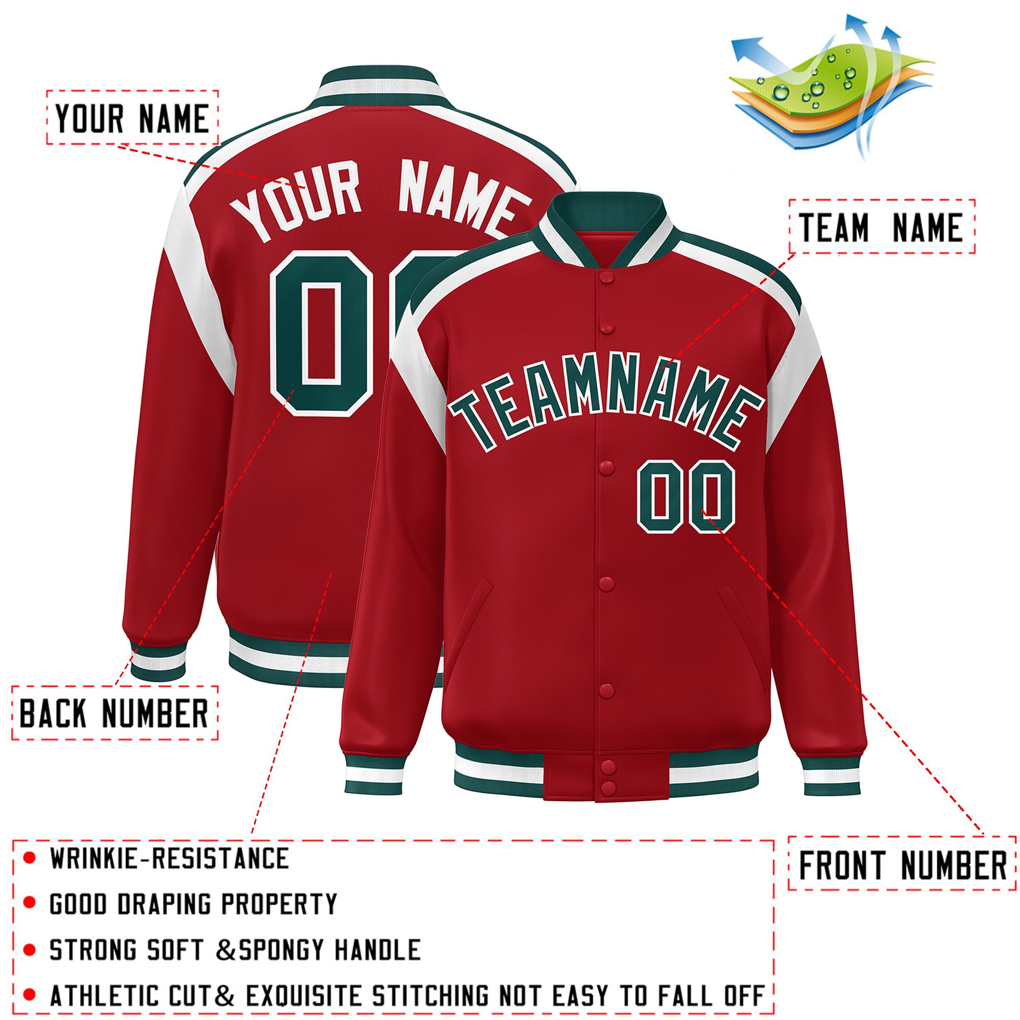 Custom Red Varsity Full-Snap Color Block Letterman Jacket