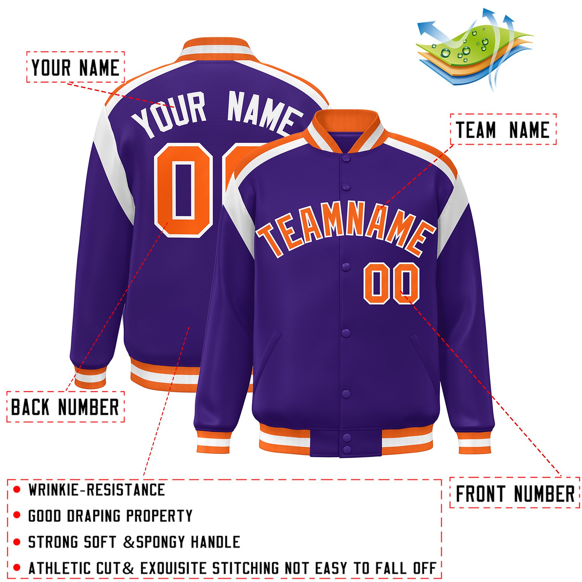 Custom Purple Varsity Full-Snap Color Block Letterman Jacket