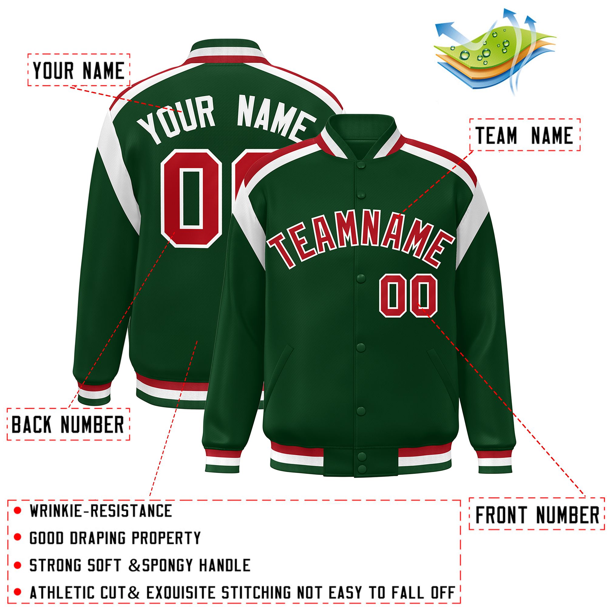 Custom Green Varsity Full-Snap Color Block Letterman Jacket