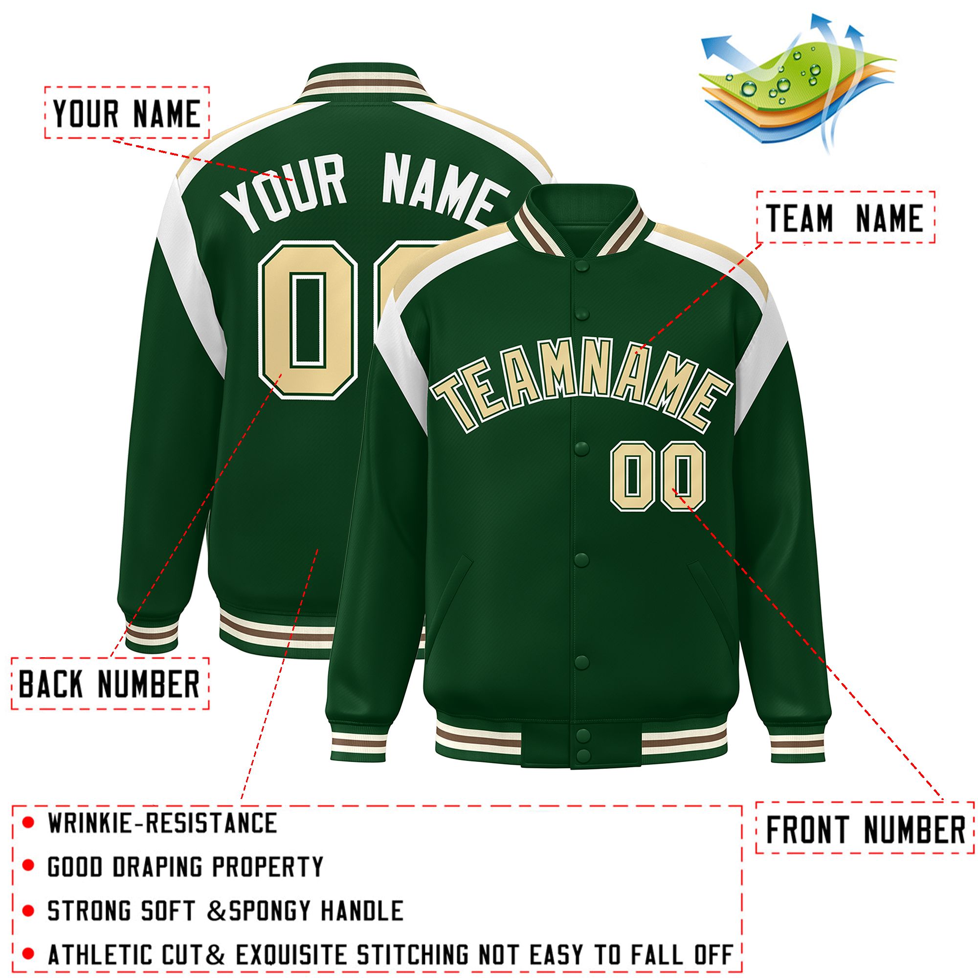 Custom Green Varsity Full-Snap Color Block Letterman Jacket