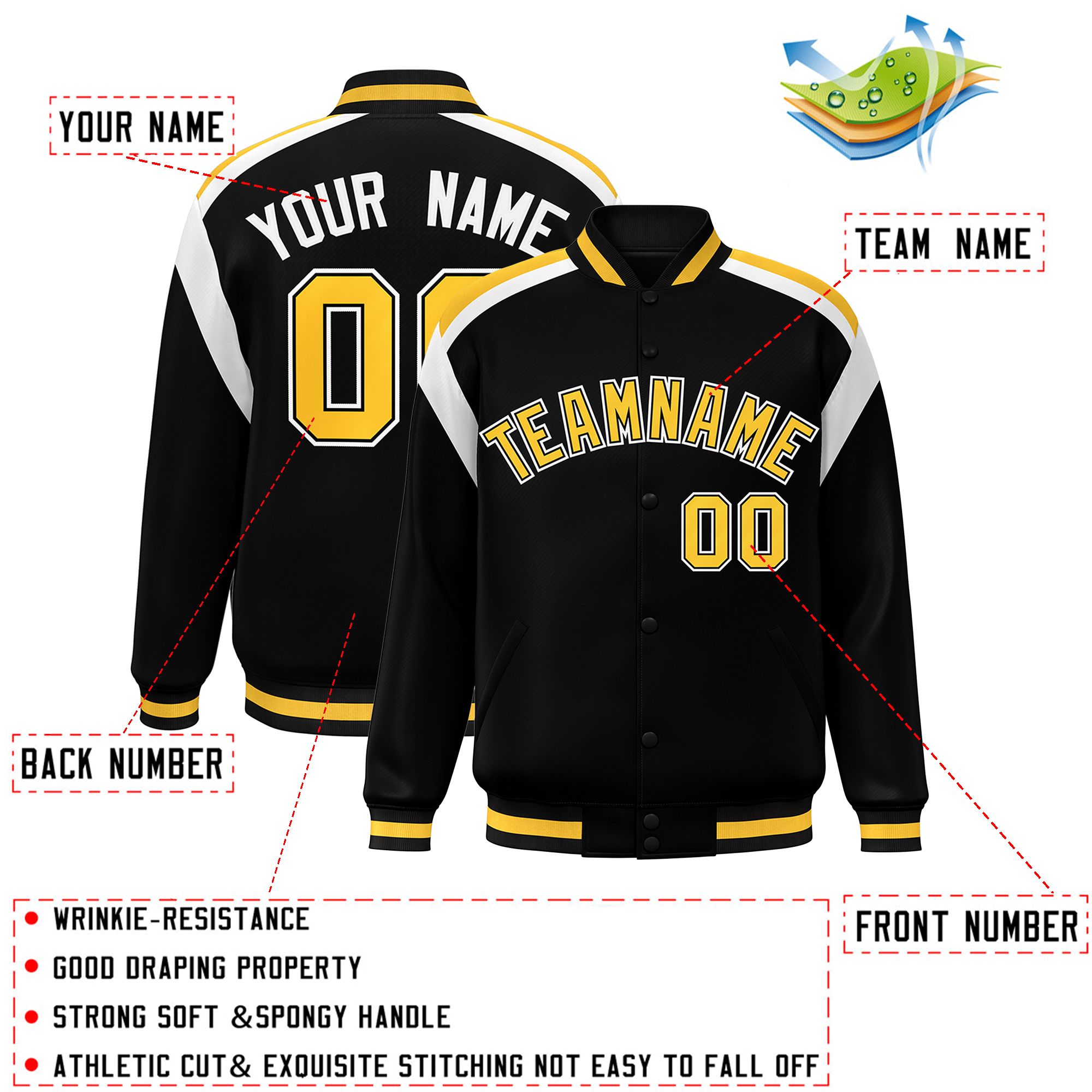 Custom Black Varsity Full-Snap Color Block Letterman Jacket