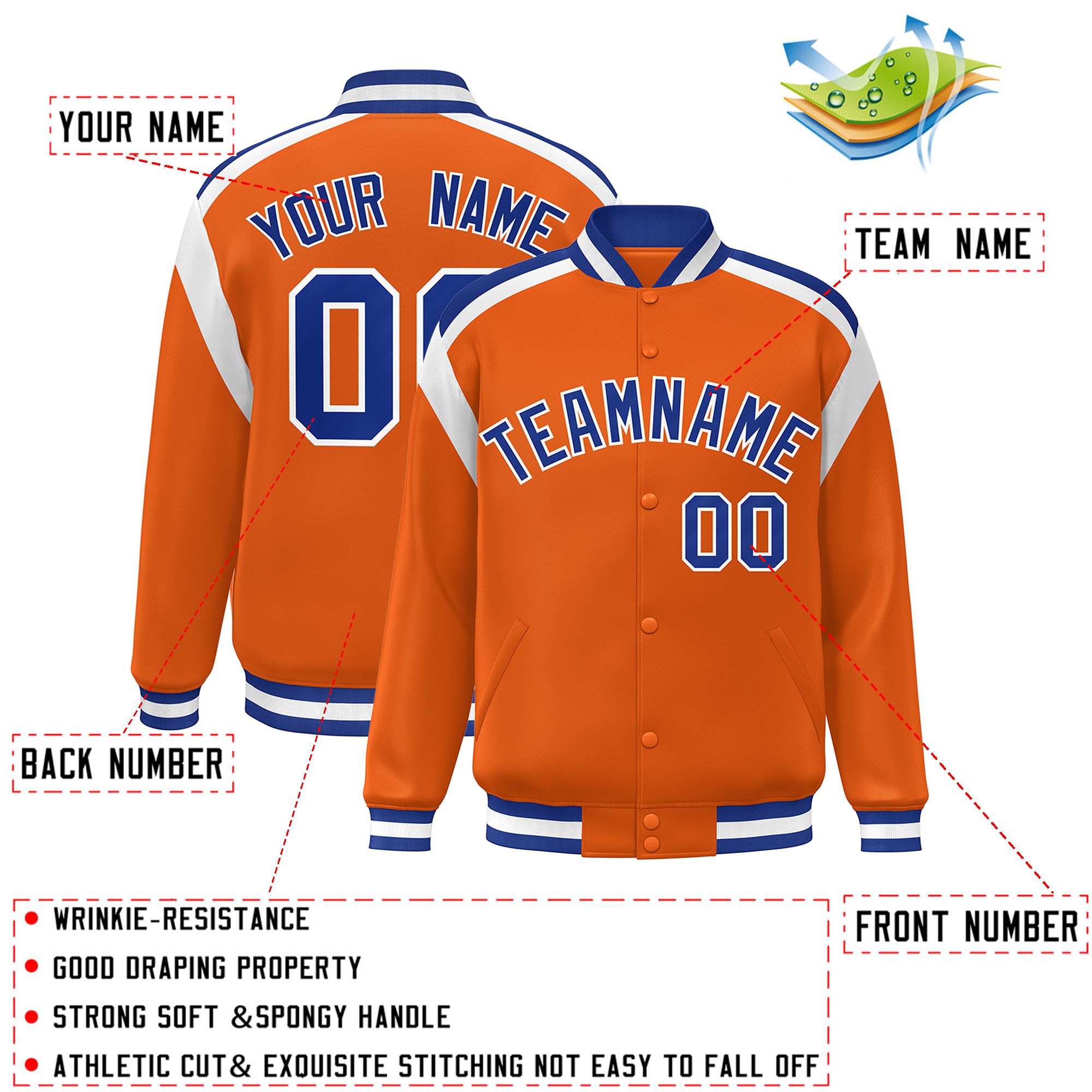 Custom Orange Varsity Full-Snap Color Block Letterman Jacket