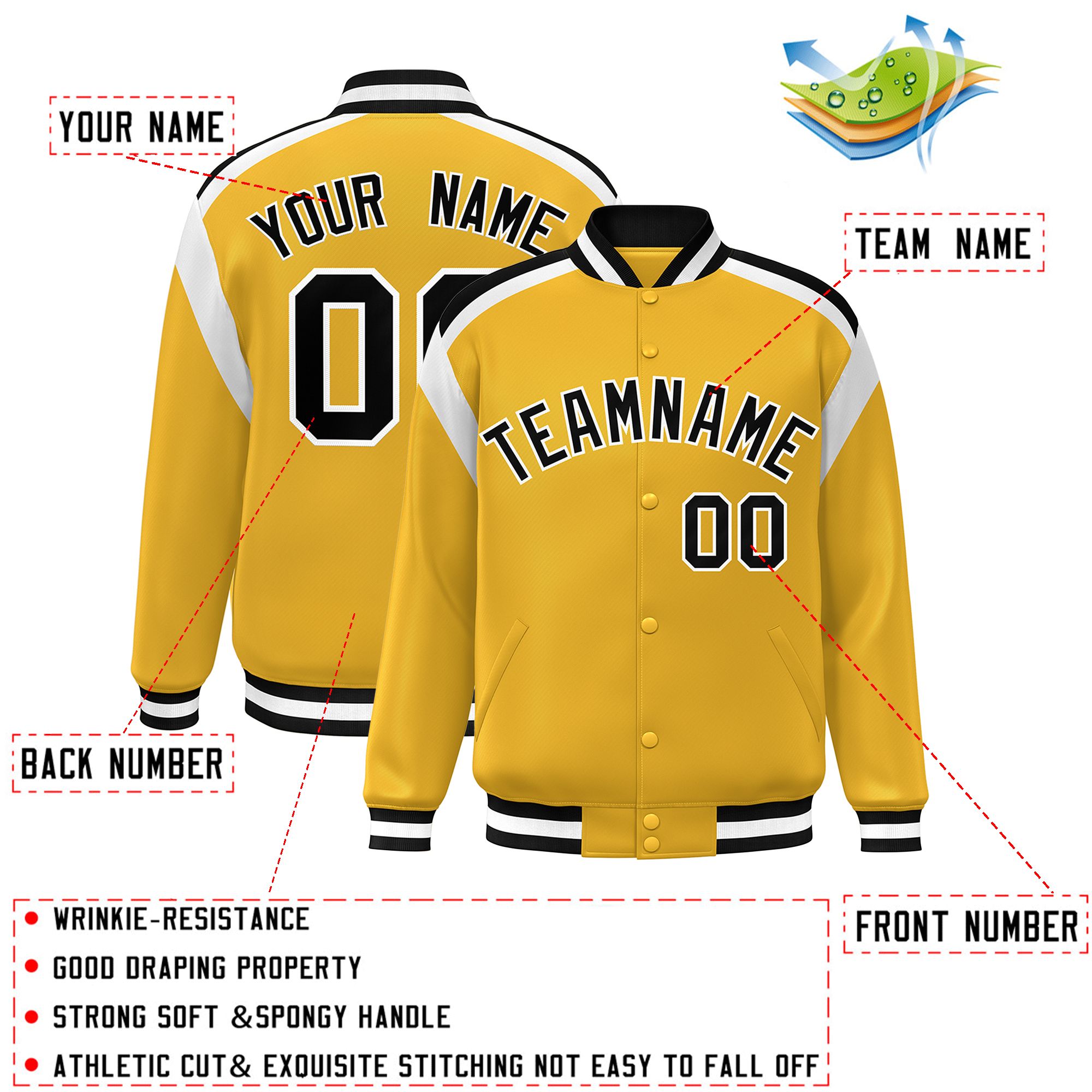 Custom Gold Varsity Full-Snap Color Block Letterman Jacket