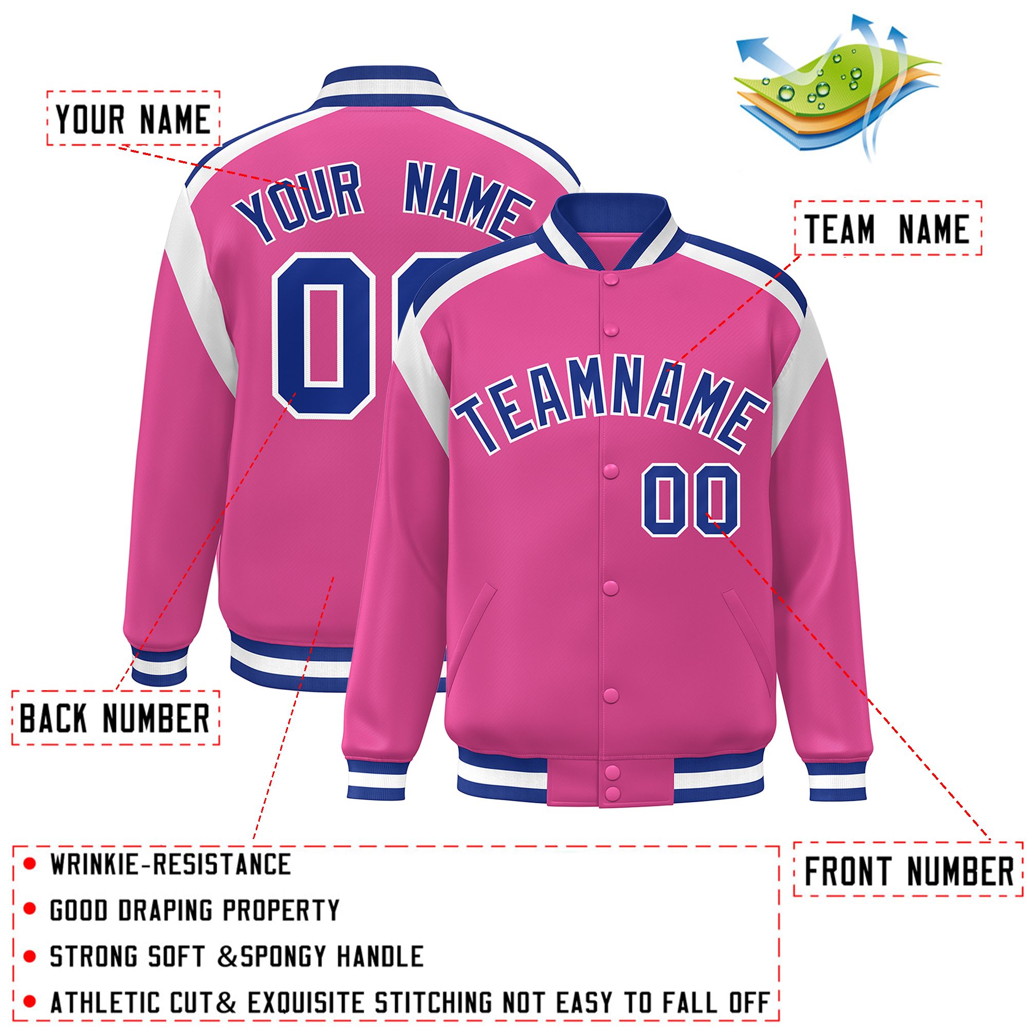 Custom Pink Varsity Full-Snap Color Block Letterman Jacket