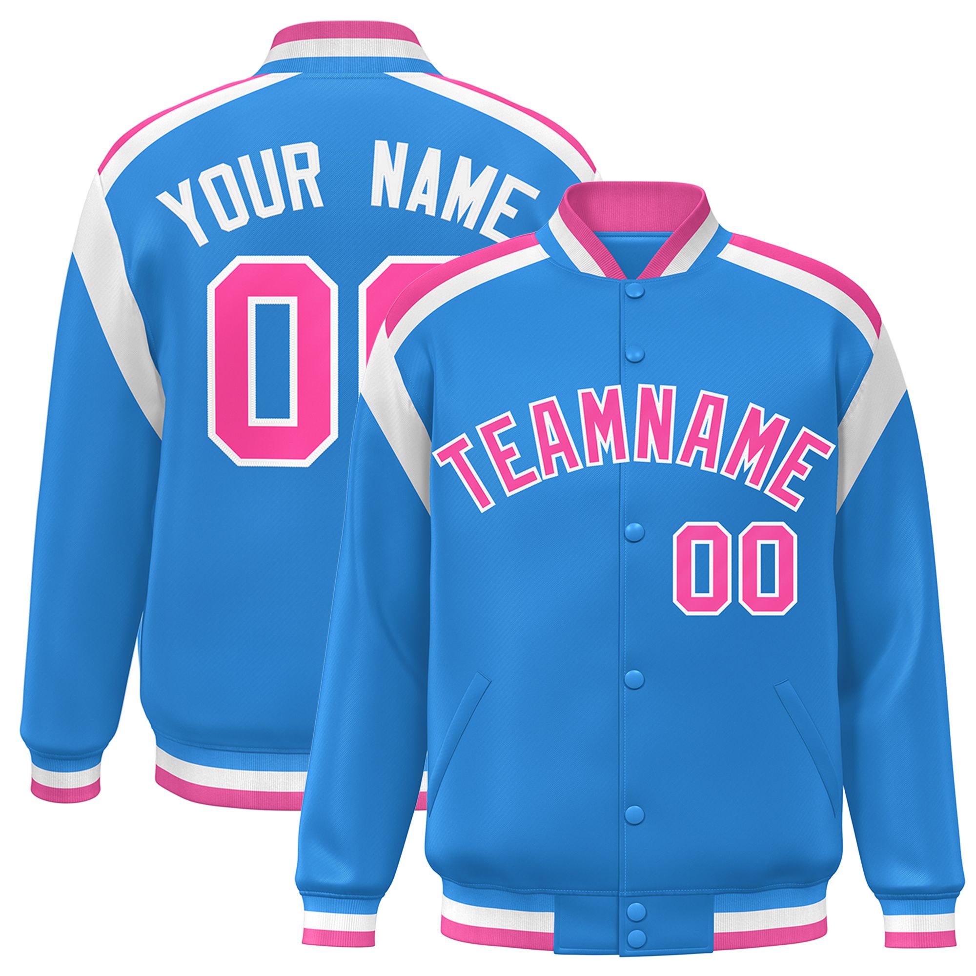 Custom Powder Blue Varsity Full-Snap Color Block Letterman Jacket