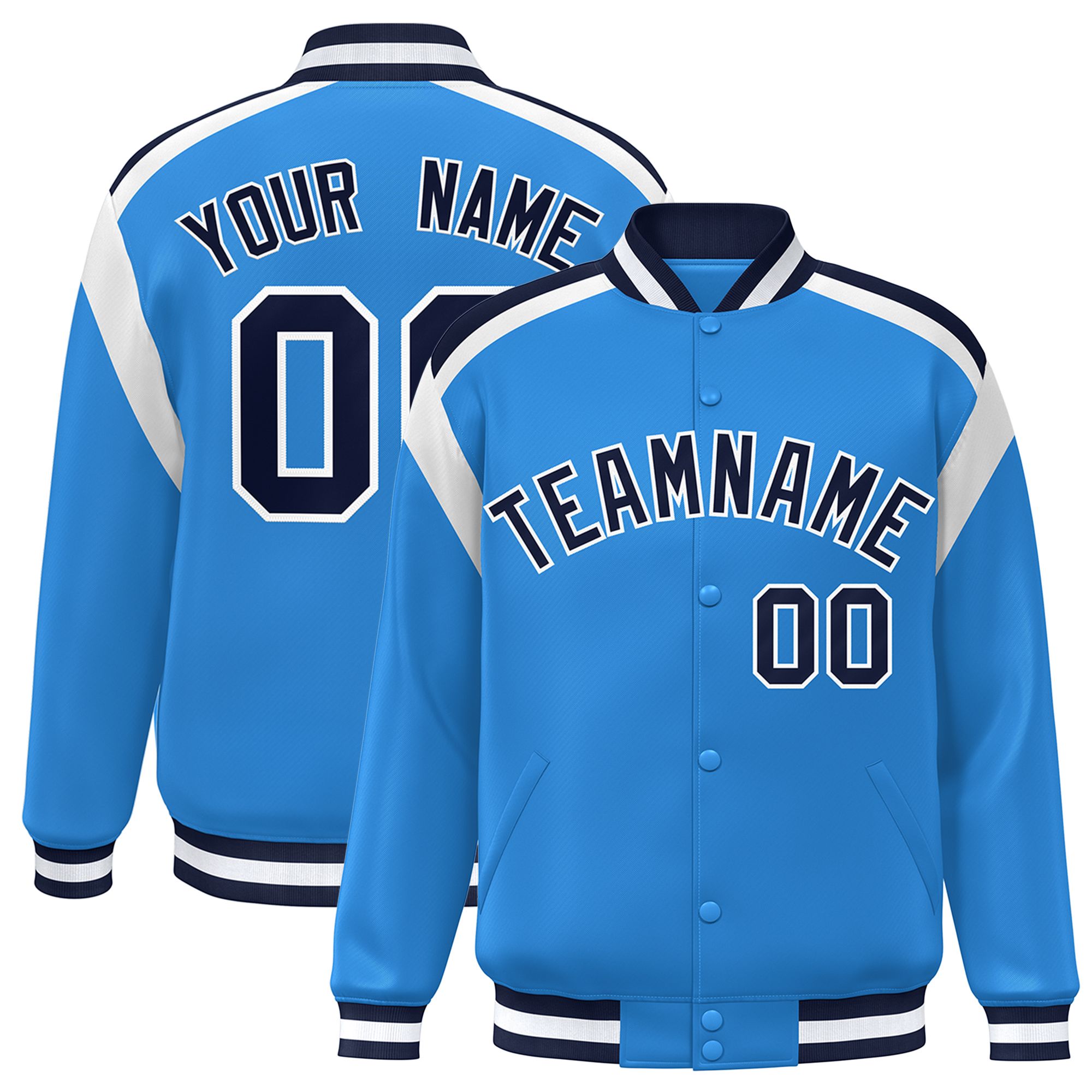 Custom Powder Blue Varsity Full-Snap Color Block Letterman Jacket